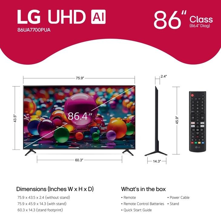 86 Inch Class LG UHD AI UA77 4K Smart TV 2025