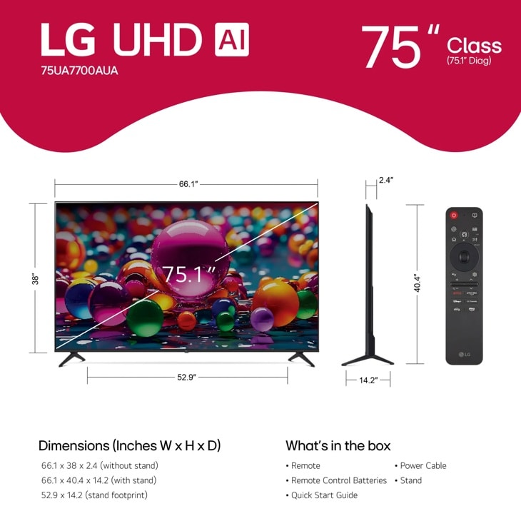 75 Inch Class LG UHD AI UA77A 4K Smart TV 2025