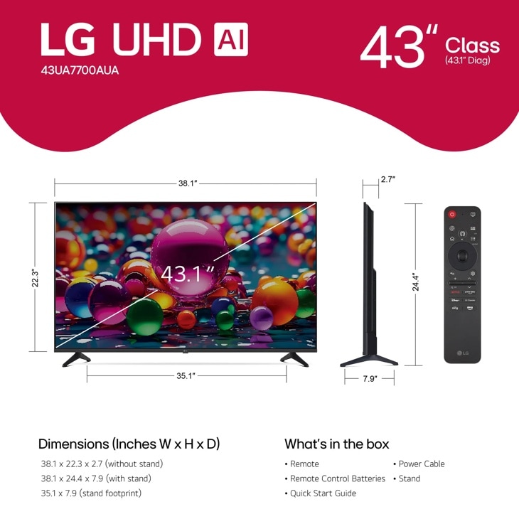 43 Inch Class LG UHD AI UA77A 4K Smart TV 2025