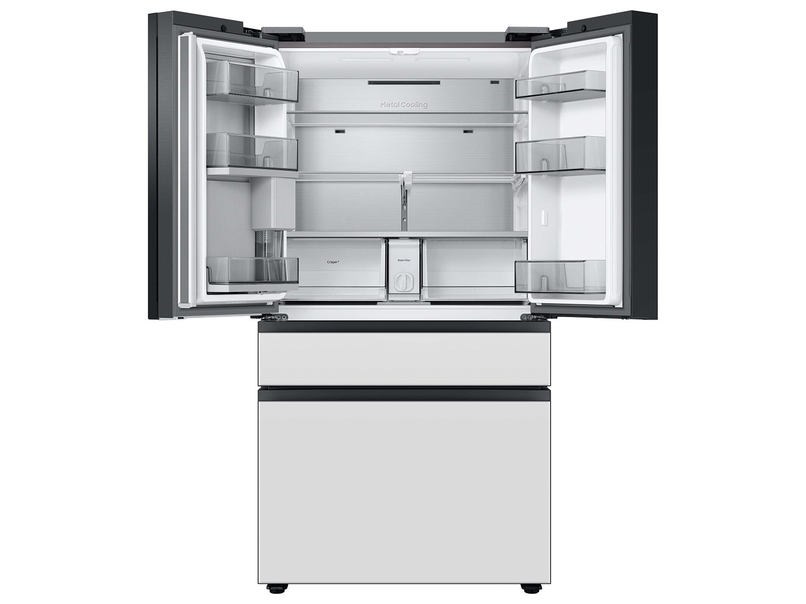 Model: RF29BB86004M | Samsung Bespoke 4-Door French Door Refrigerator (29 cu. ft.) with Beverage Center™ in Morning Blue Glass Top Panels and White Glass Middle and Bottom Panels 