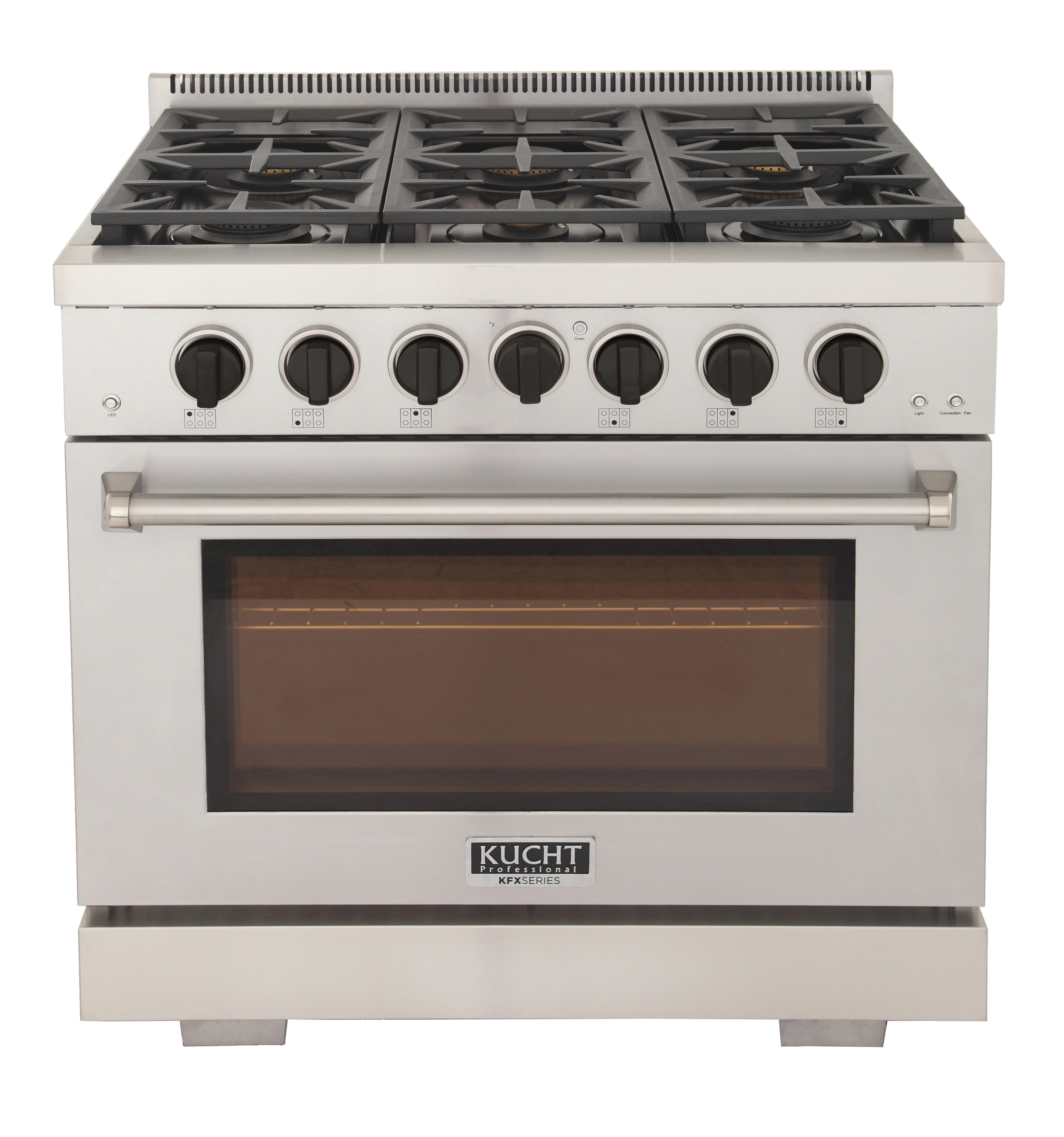 Kucht KUCHT Professional 36 in. 5.2 cu. ft. Natural Gas Range with Sealed Burners and Convection Oven in Stainless Steel with Tuxedo Black Knobs