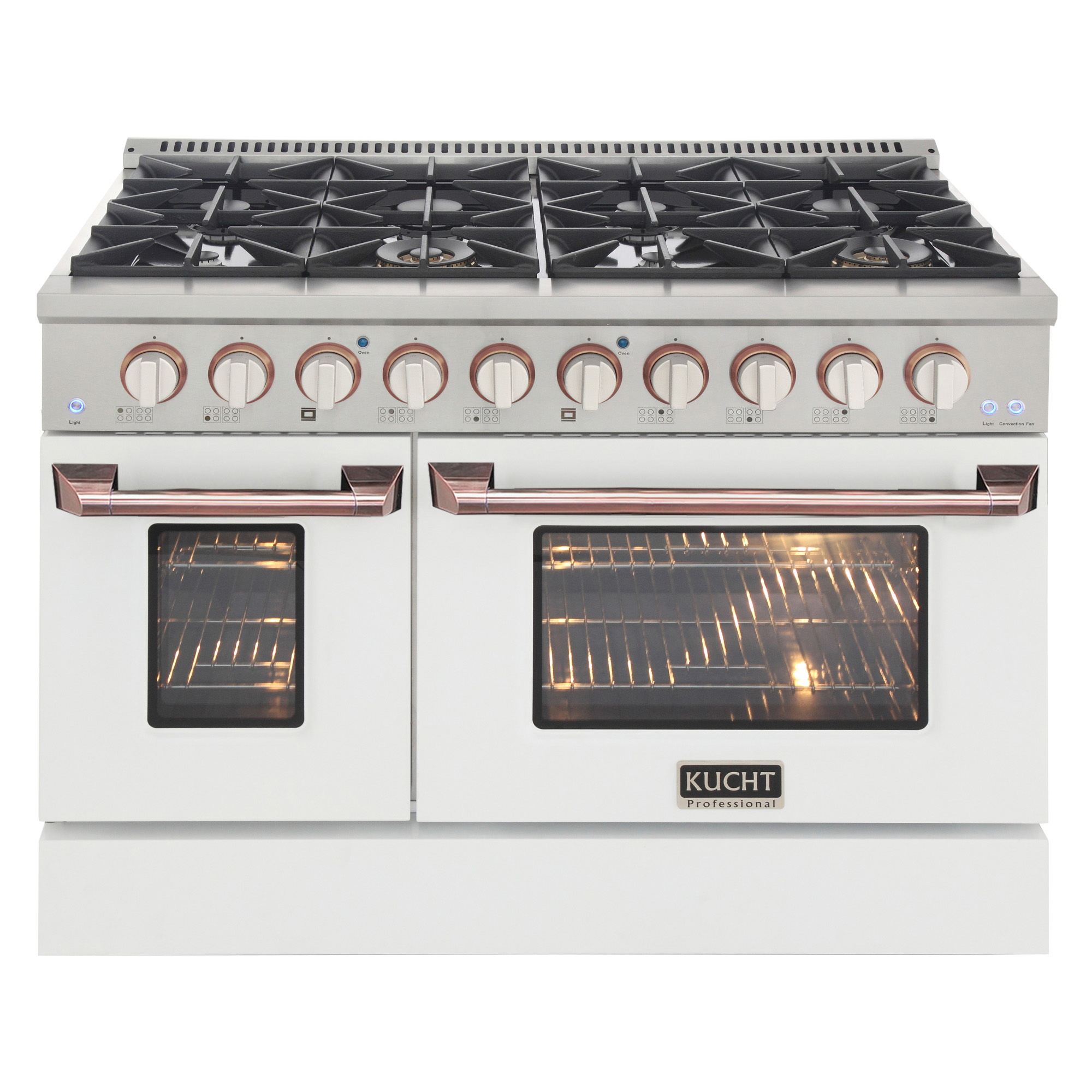 Kucht KUCHT Professional 48 in. 6.7 cu. ft. Natural Gas Range with Sealed Burners, Griddle/Grill and Two Ovens - One Convection - in Stainless Steel with White Oven Door, White Knobs and Rose Gold Handle and Knob Rings