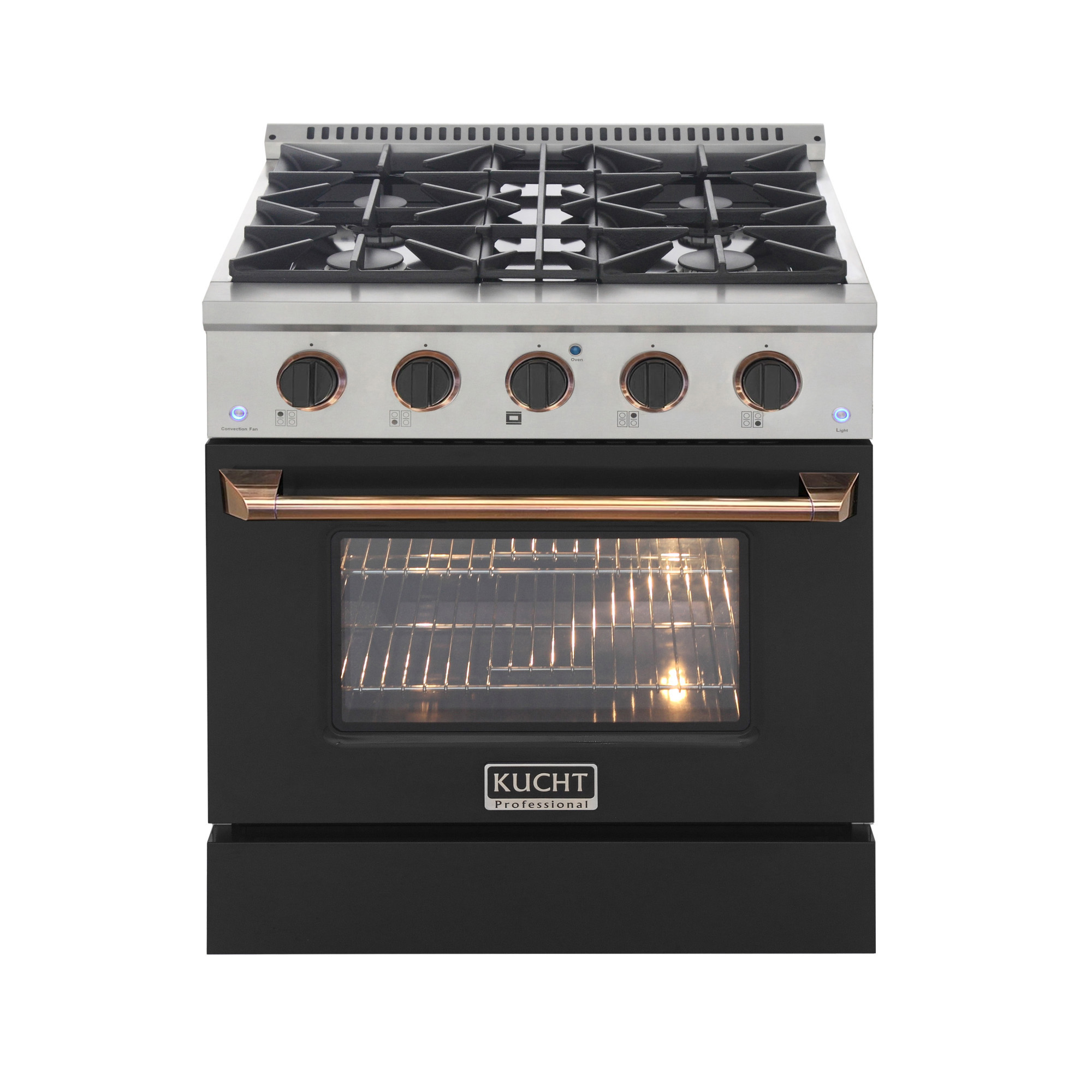 Kucht KUCHT Professional 30 in. 4.2 cu. ft. Dual Fuel Range for Propane Gas with Sealed Burners and Convection Oven in Stainless Steel with Black Oven Door, Black Knobs and Gold Handle & Gold Knob Rings