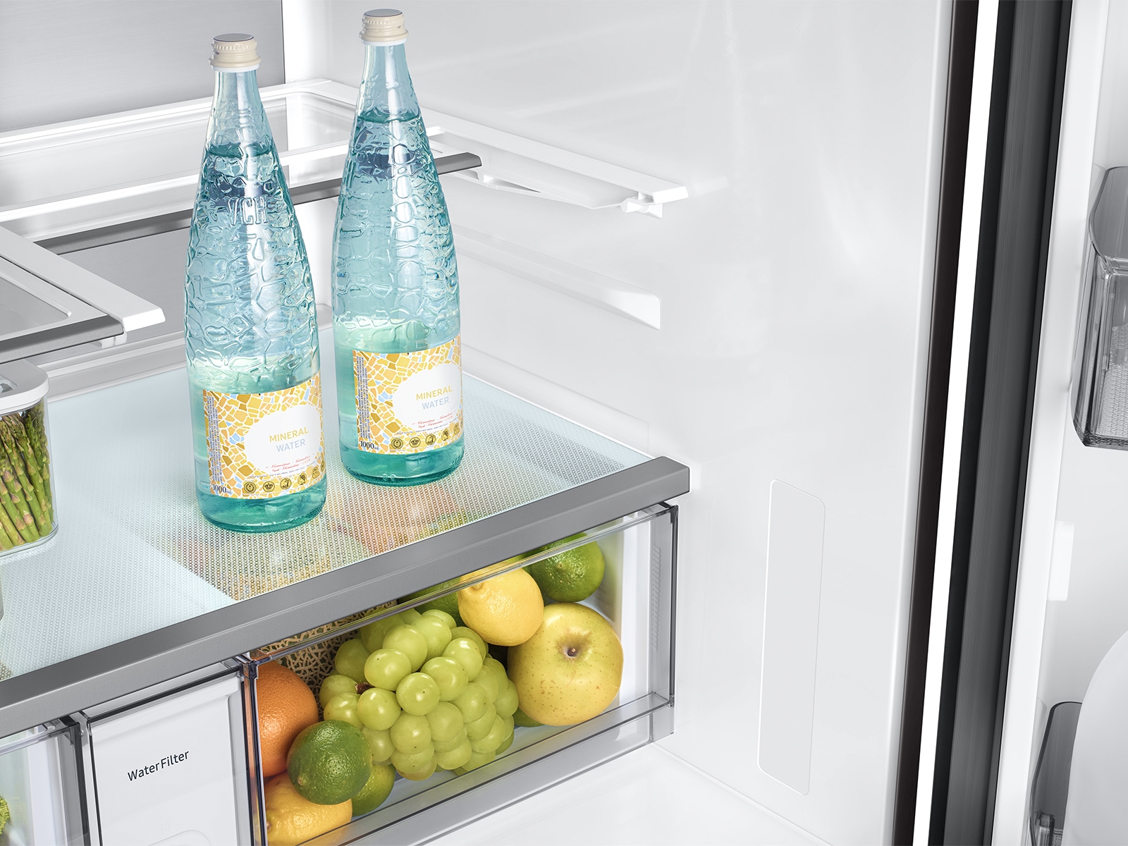 Model: RF90F29BECR | Samsung Bespoke 29 cu. ft. 4-Door French Door Refrigerator with AI Home & AI Vision Inside™ in Charcoal Glass and Stainless Steel