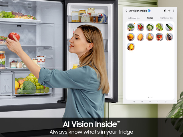 Model: RF90F29AECR | Samsung Bespoke 29 cu. ft. 4-Door French Door Refrigerator with AI Family Hub™+ & AI Vision Inside™ in Charcoal Glass and Stainless Steel