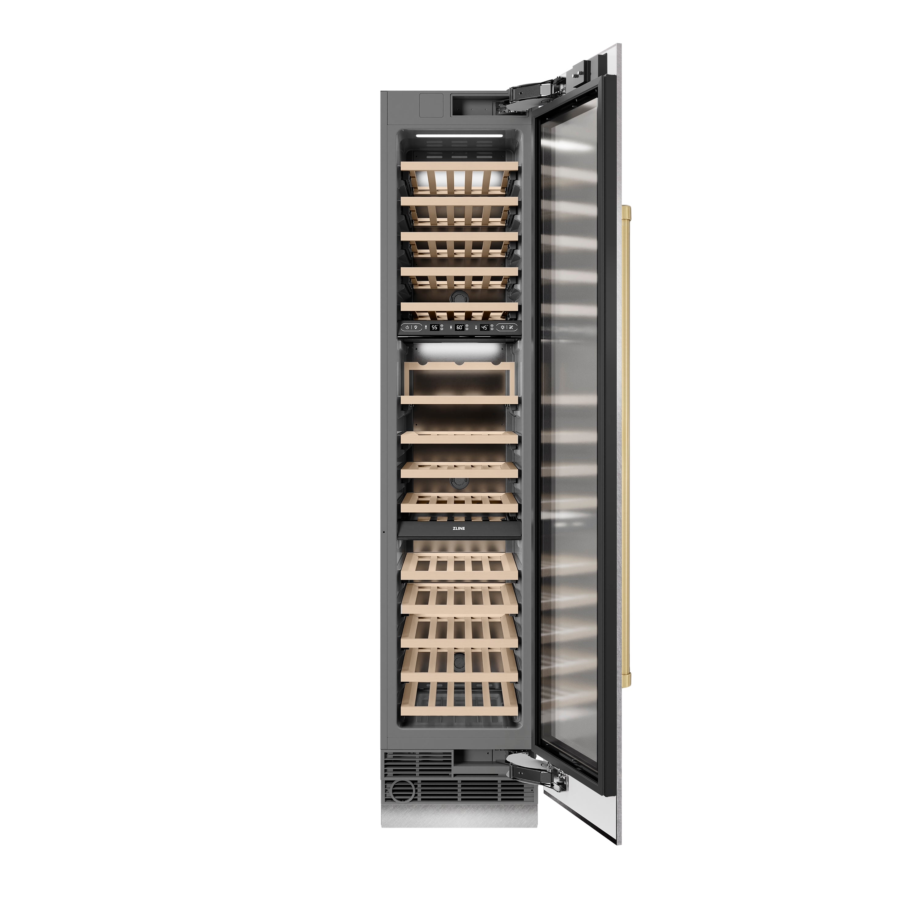 ZLINE ZLINE Autograph Edition 18 in. 9.0 cu. ft. Triple Zone 68 Bottle Right Hinge Column Wine Cooler in DuraSnow® Stainless Steel with Champagne Bronze Accents (RCWVRZ-SN-18-CB)
