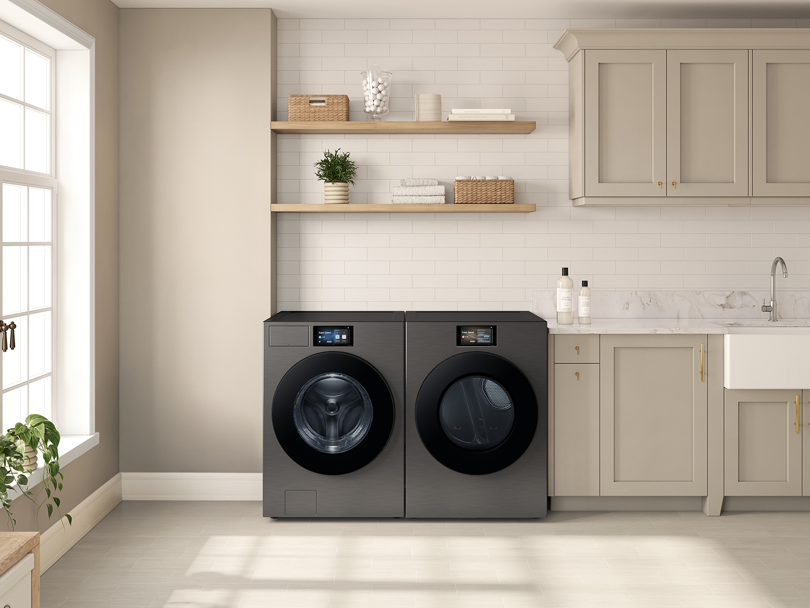 Model: WF90F53ADS | Samsung 5.3 cu. ft. Bespoke AI Ultra Capacity Front Load Washer with AI Home and AI OptiWash+ in Dark Steel