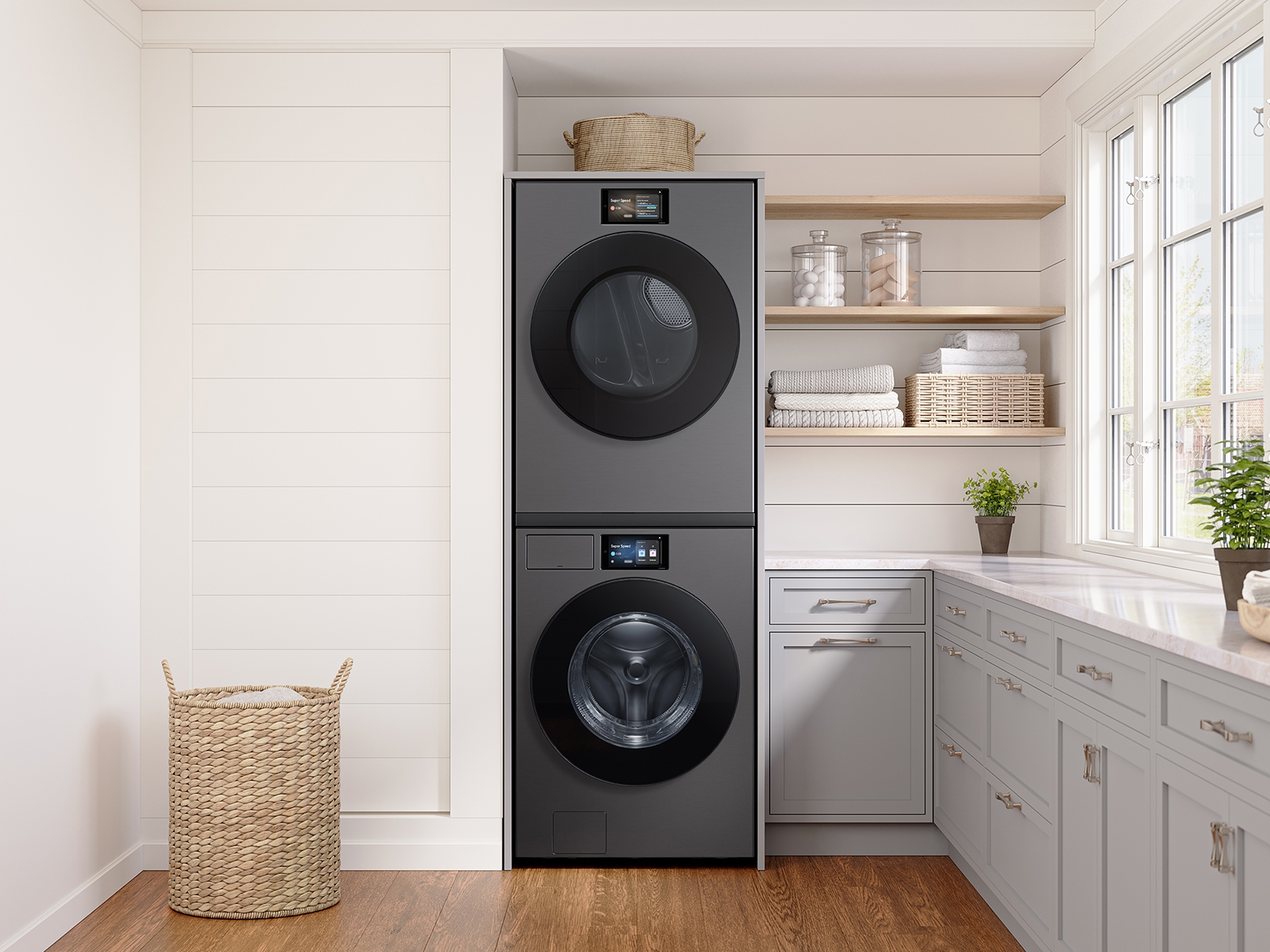 Model: WF90F53ADS | Samsung 5.3 cu. ft. Bespoke AI Ultra Capacity Front Load Washer with AI Home and AI OptiWash+ in Dark Steel