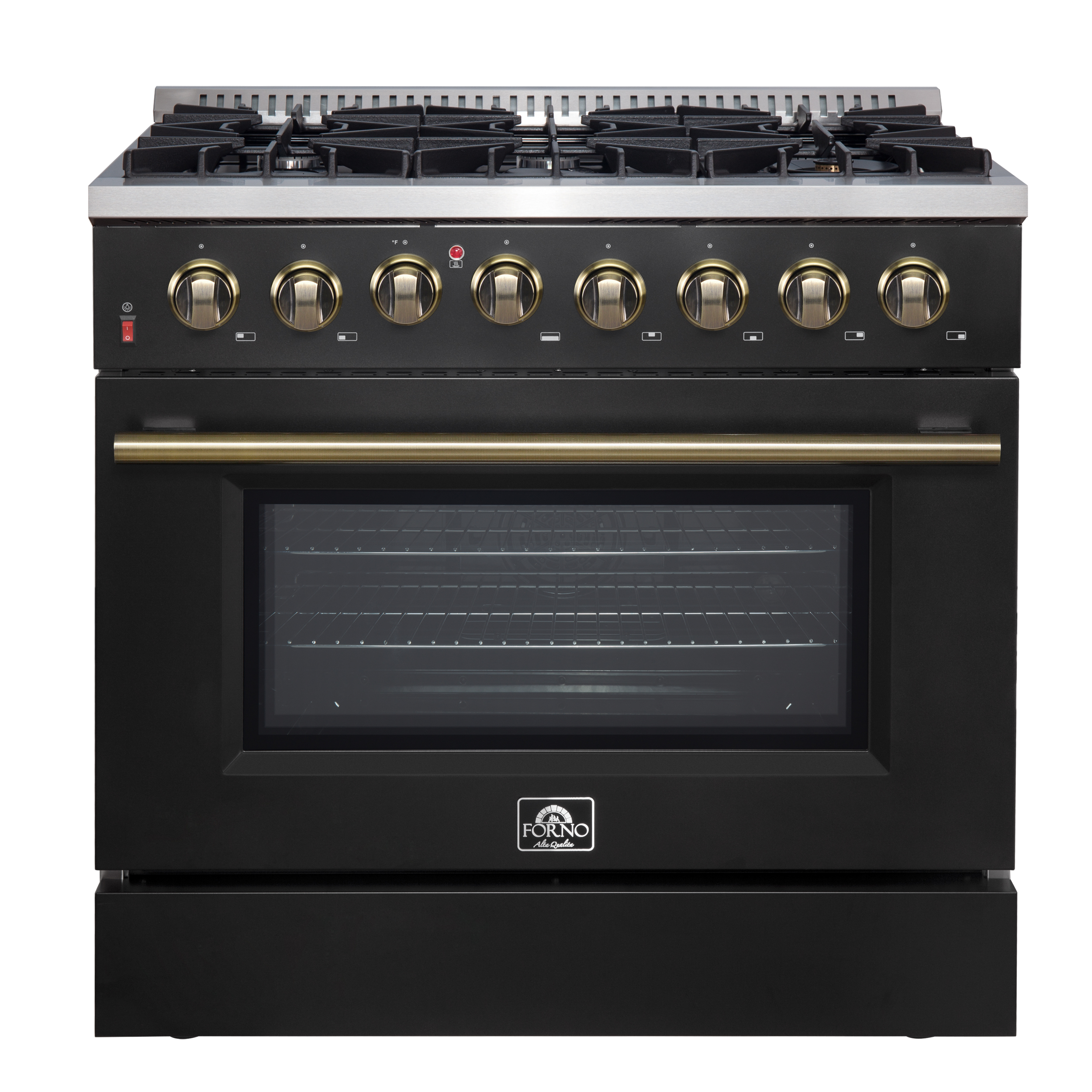 Forno Forno Galiano 36" Dual Fuel Range, Black & Antique Brass, 83,000 BTU, 5.36 cu.ft. Oven