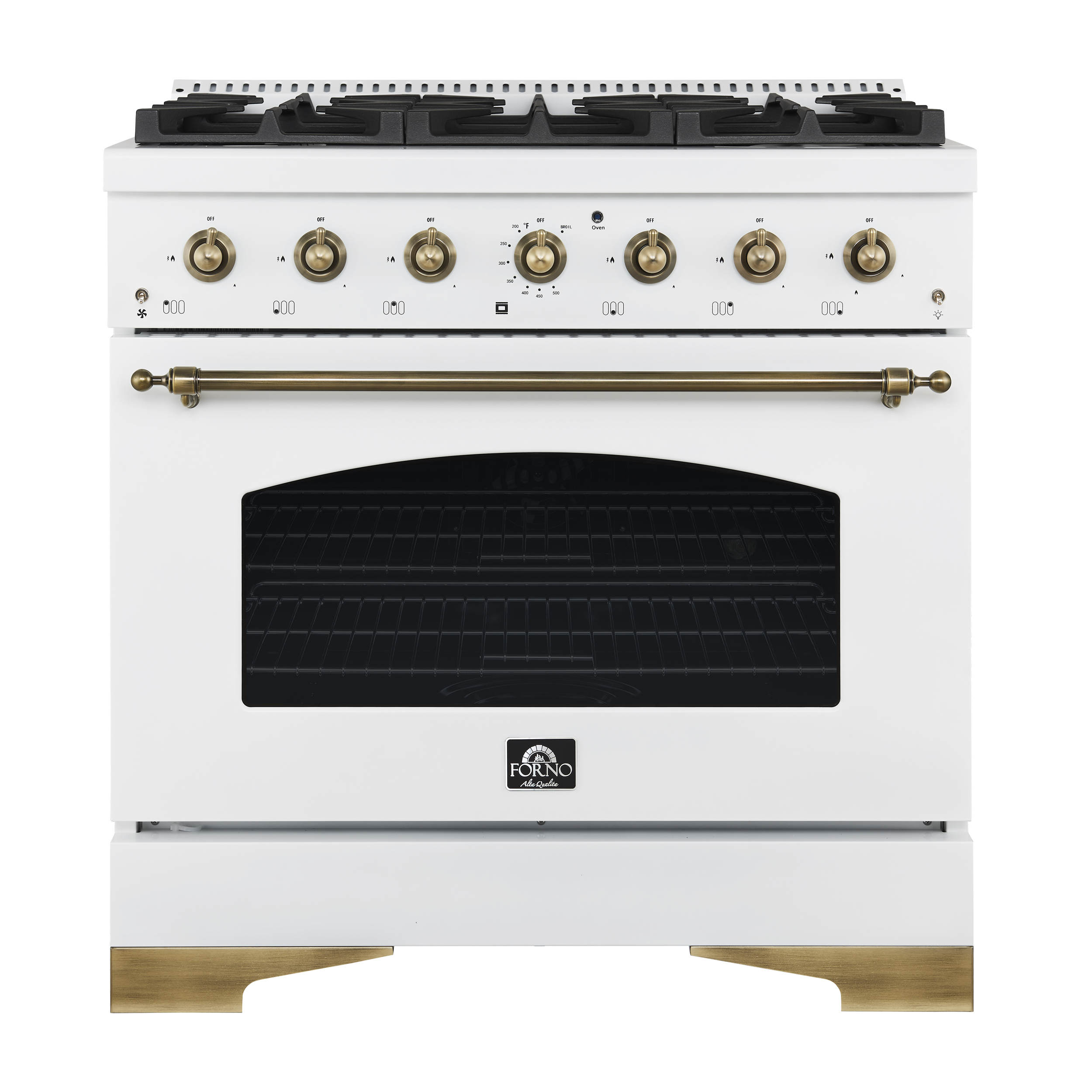 Forno Forno Antico 36-inch Dual Fuel Range with 6 Burners, Convection Oven, White and Antique Brass Finish