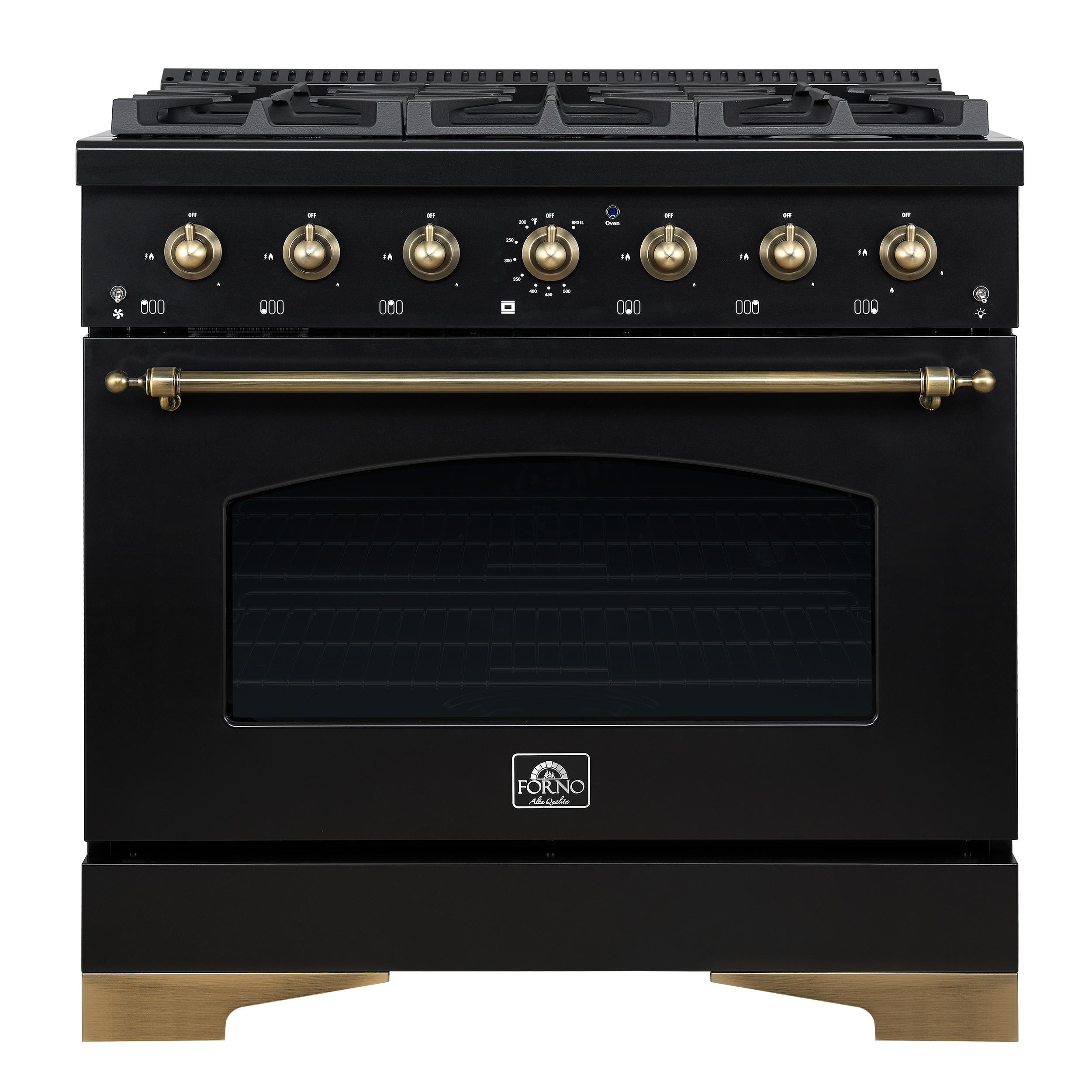 Forno Forno Antico 36-Inch Dual Fuel Range, Black and Antique Brass, 6 Burners, 4.5 cu.ft. Convection Oven
