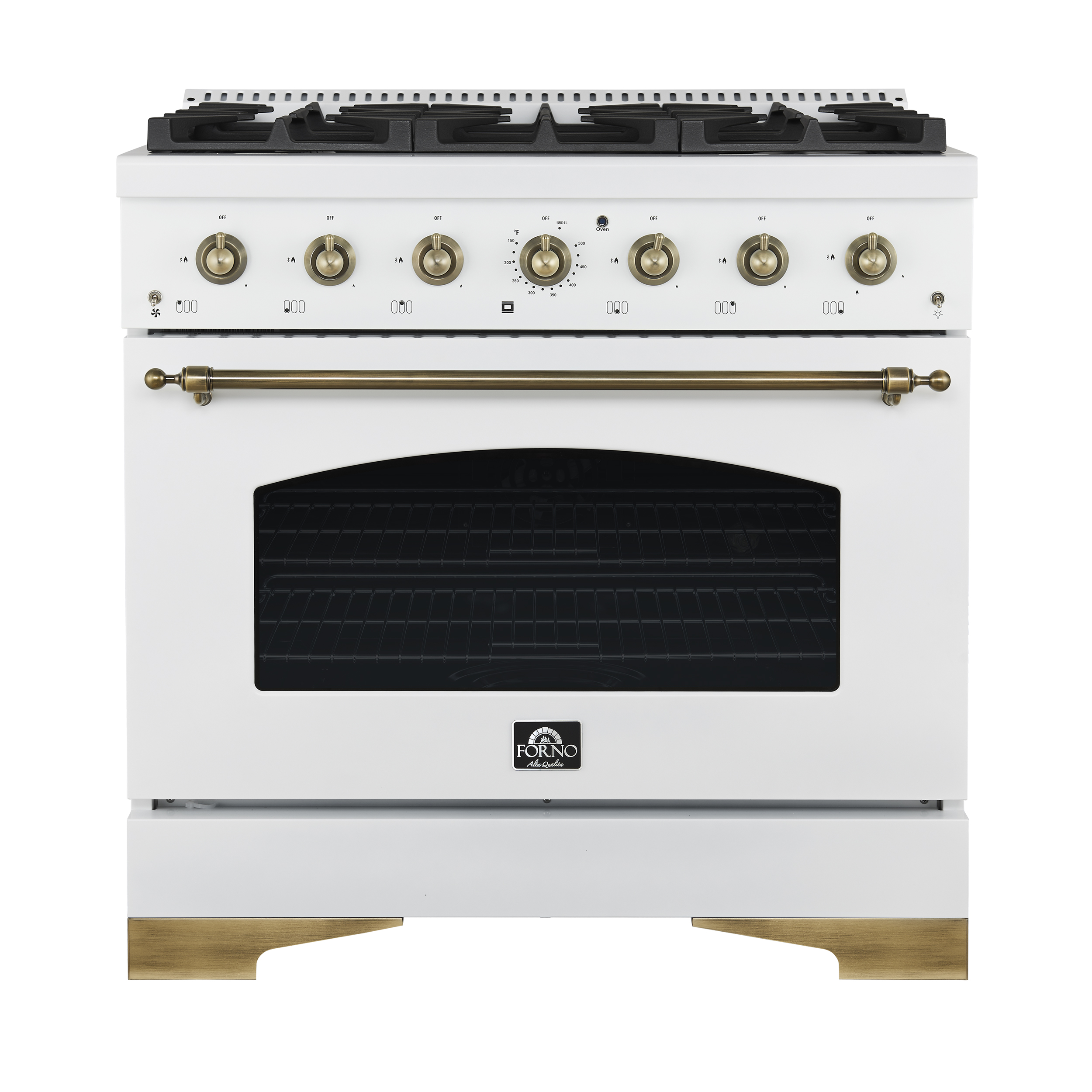 Forno Forno Antico 36-inch Gas Range with 6 Burners, Convection Oven, White and Antique Brass Finish
