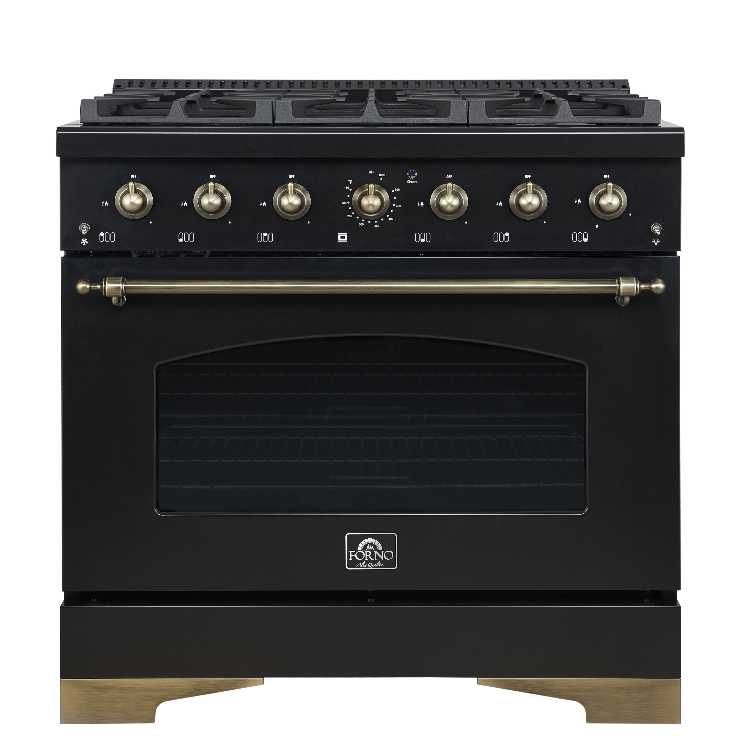 Forno Forno Antico 36-inch Gas Range with 6 Burners, Convection Oven, Black and Antique Brass Finish