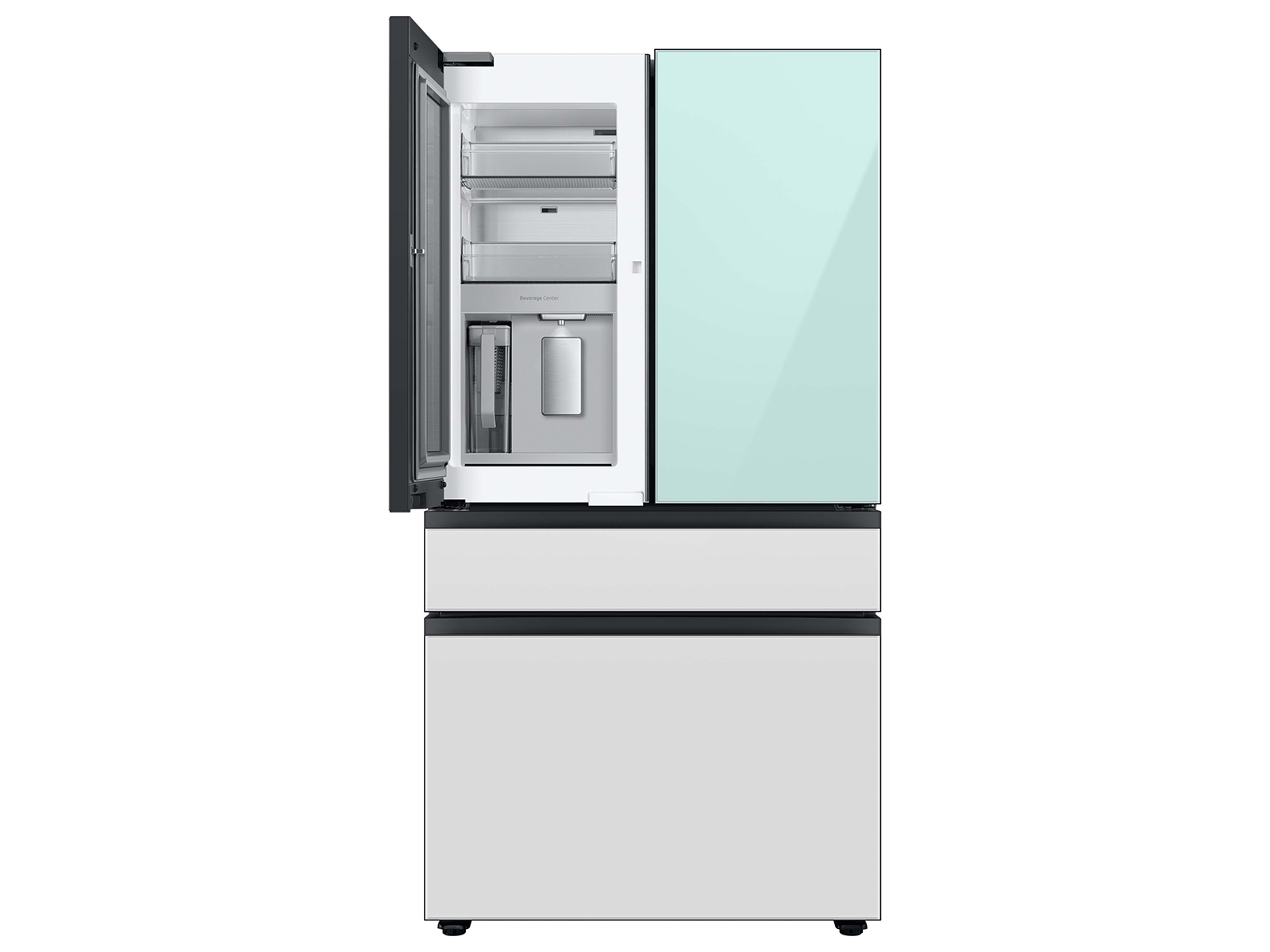 Model: RF23BB86004M | Samsung Bespoke 4-Door French Door Refrigerator (23 cu. ft.) with Beverage Center™ in Morning Blue Glass Top Panels and White Glass Middle and Bottom Panels