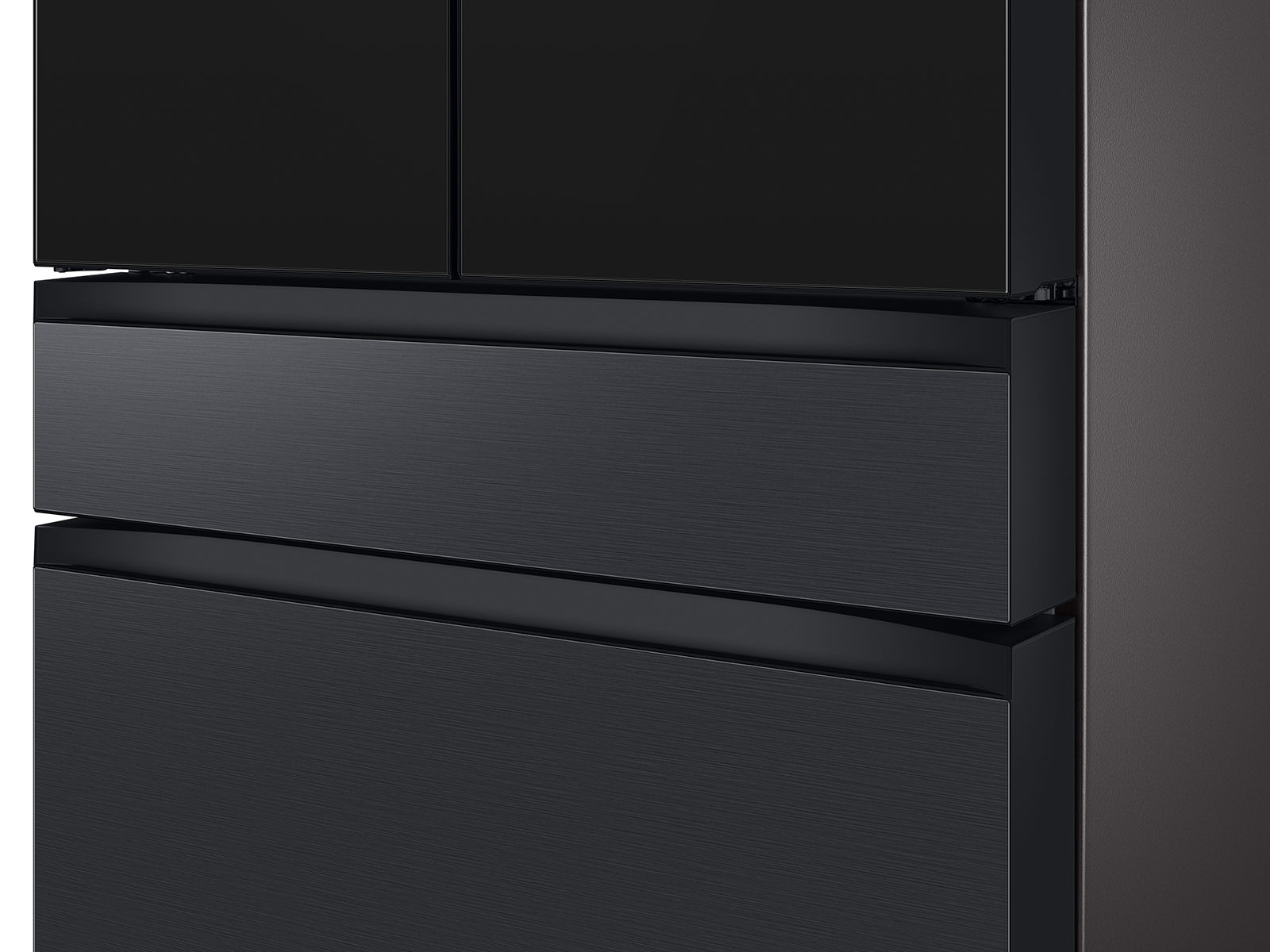 Model: RF29BB89008M | Samsung Bespoke 4-Door French Door Refrigerator (29 cu. ft.) – with Top Left and Family Hub™ Panel in Charcoal Glass - and Matte Black Steel Middle and Bottom Door Panels