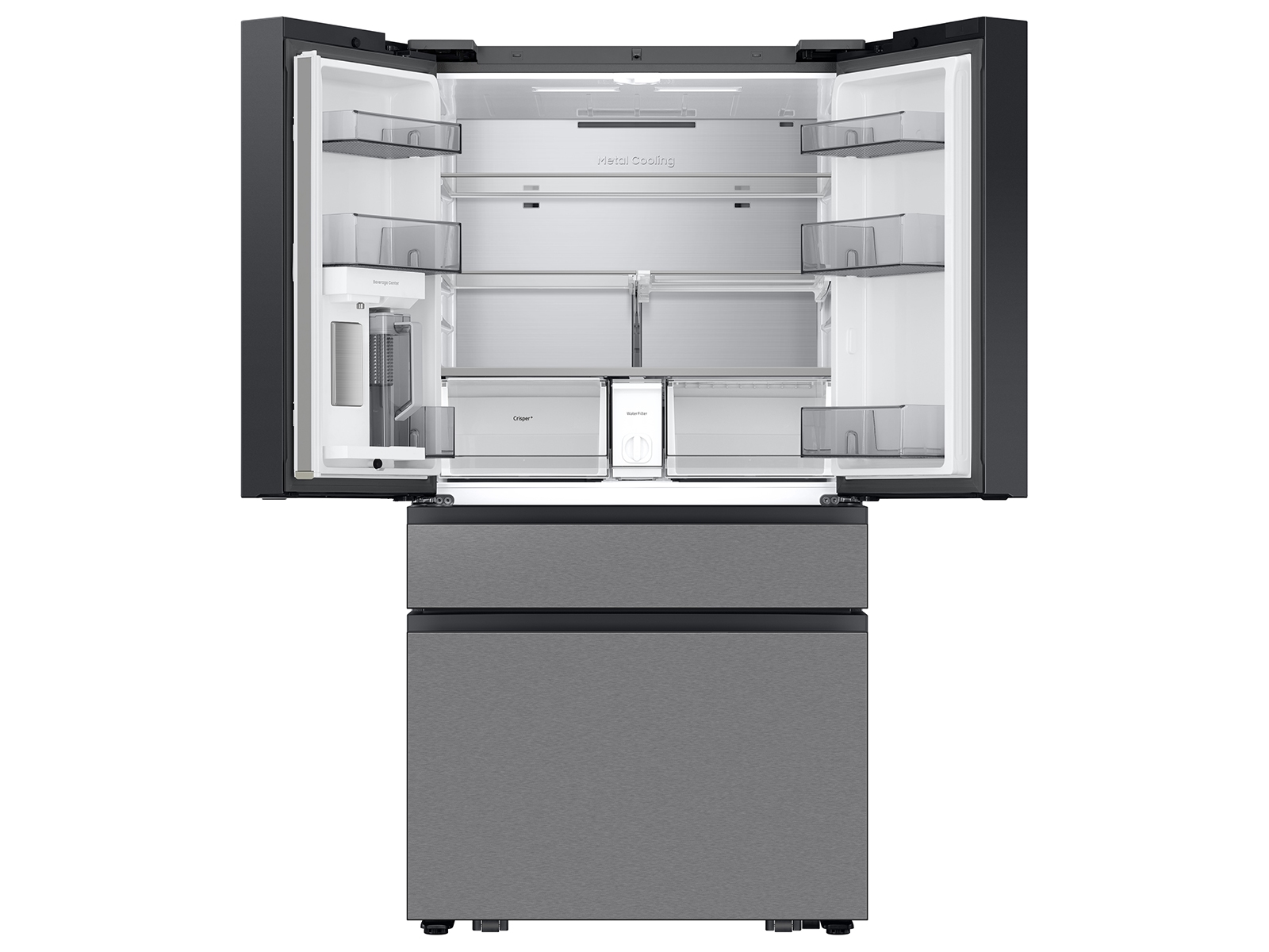 Bespoke 23 cu. ft. Counter Depth 4-Door French Door Refrigerator with AI Family Hub™+ & Inner Beverage Center™ in Charcoal Glass and Stainless Steel