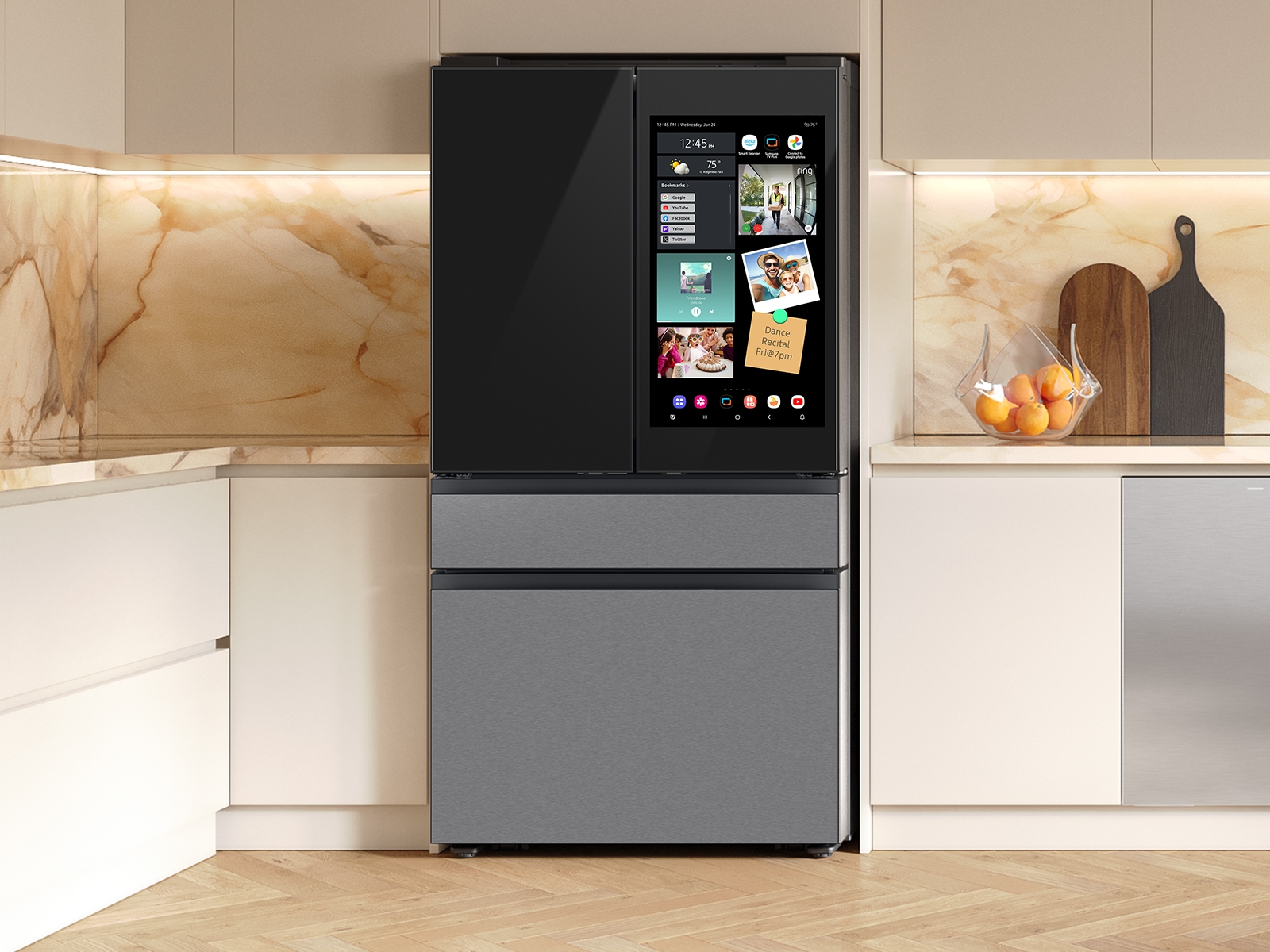 Bespoke 23 cu. ft. Counter Depth 4-Door French Door Refrigerator with AI Family Hub™+ & Inner Beverage Center™ in Charcoal Glass and Stainless Steel