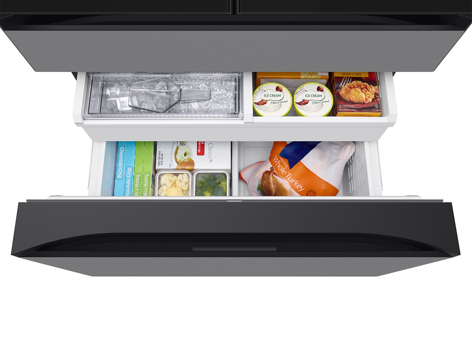 Bespoke 23 cu. ft. Counter Depth 4-Door French Door Refrigerator with AI Family Hub™+ & Inner Beverage Center™ in Charcoal Glass and Stainless Steel