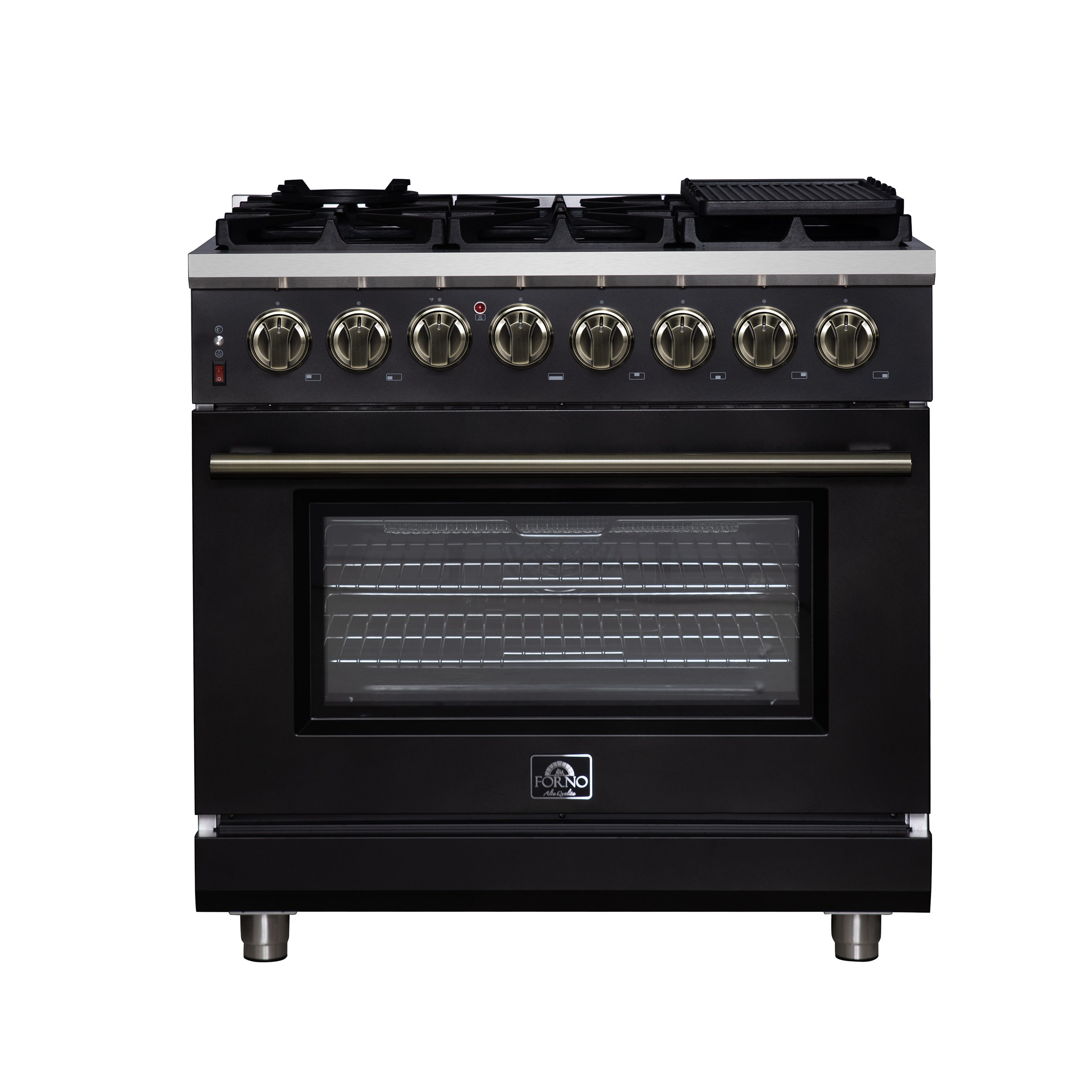 Forno Massimo 36 Inch Dual Fuel Range in Black, Air Fryer Basket, True Convection, Antique Brass Handles