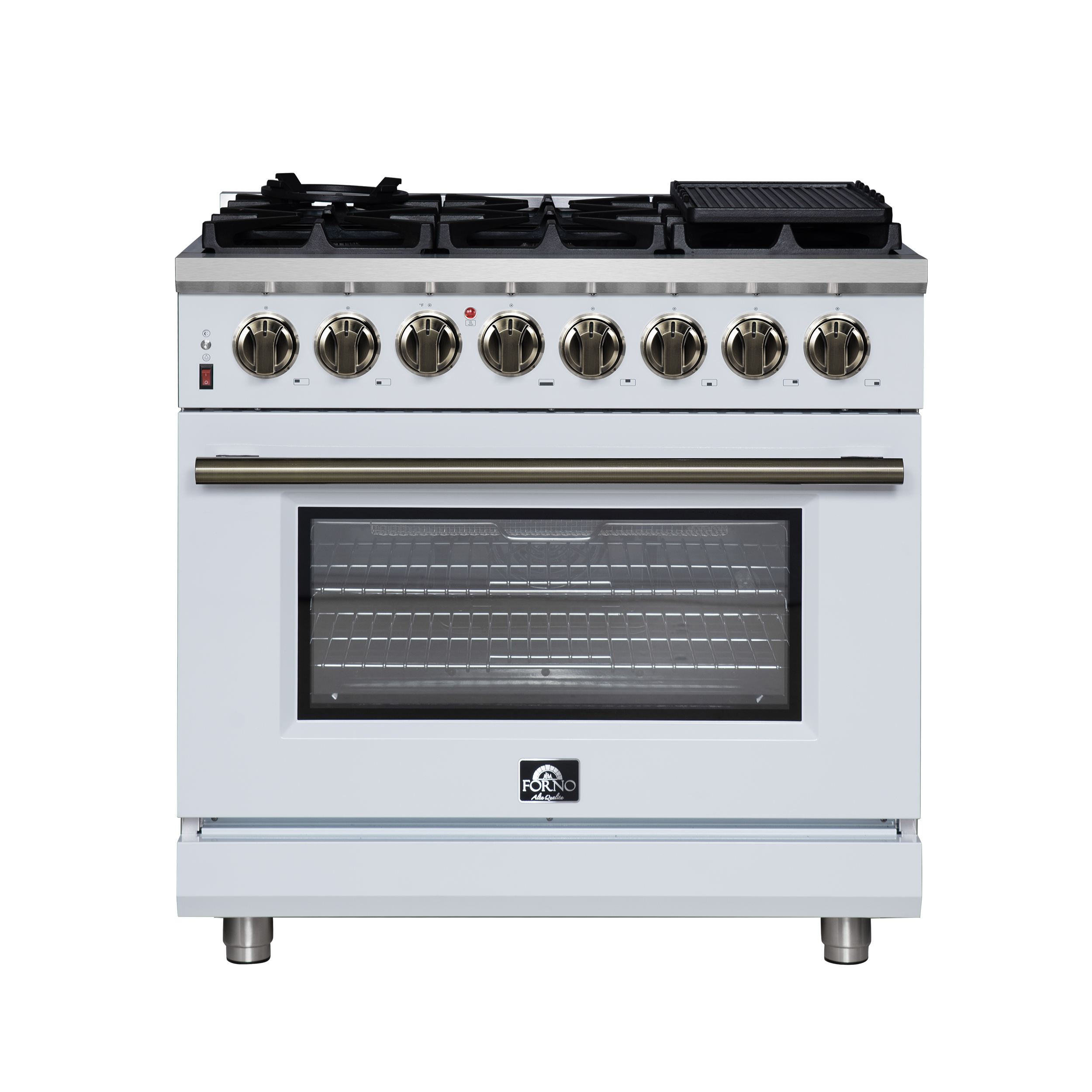 Forno Massimo 36 Inch Dual Fuel Range in White, Air Fryer Basket, True Convection, Antique Brass Handles