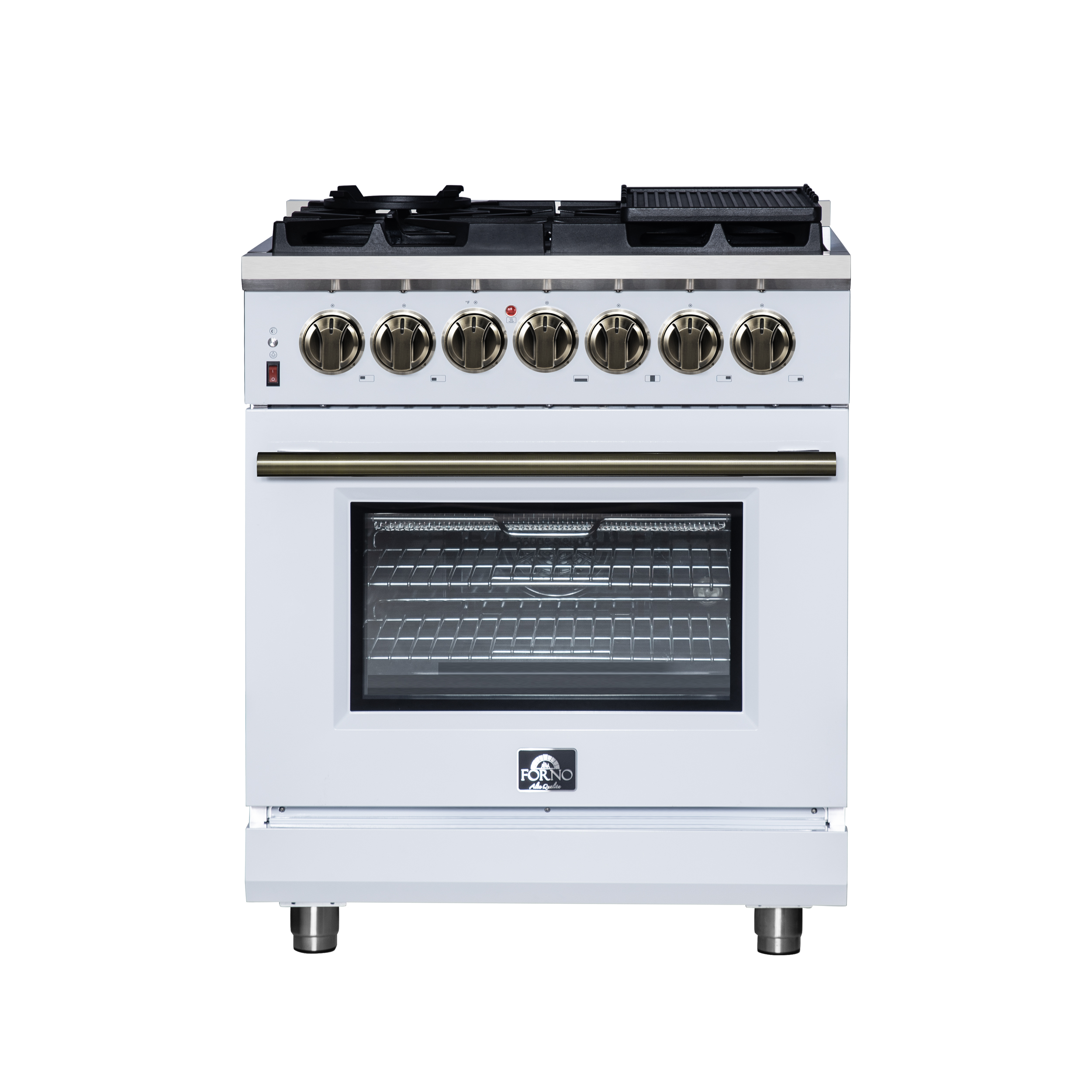 Forno Massimo 30 Inch Dual Fuel Range in White, Air Fryer Basket, True Convection, Antique Brass Handles