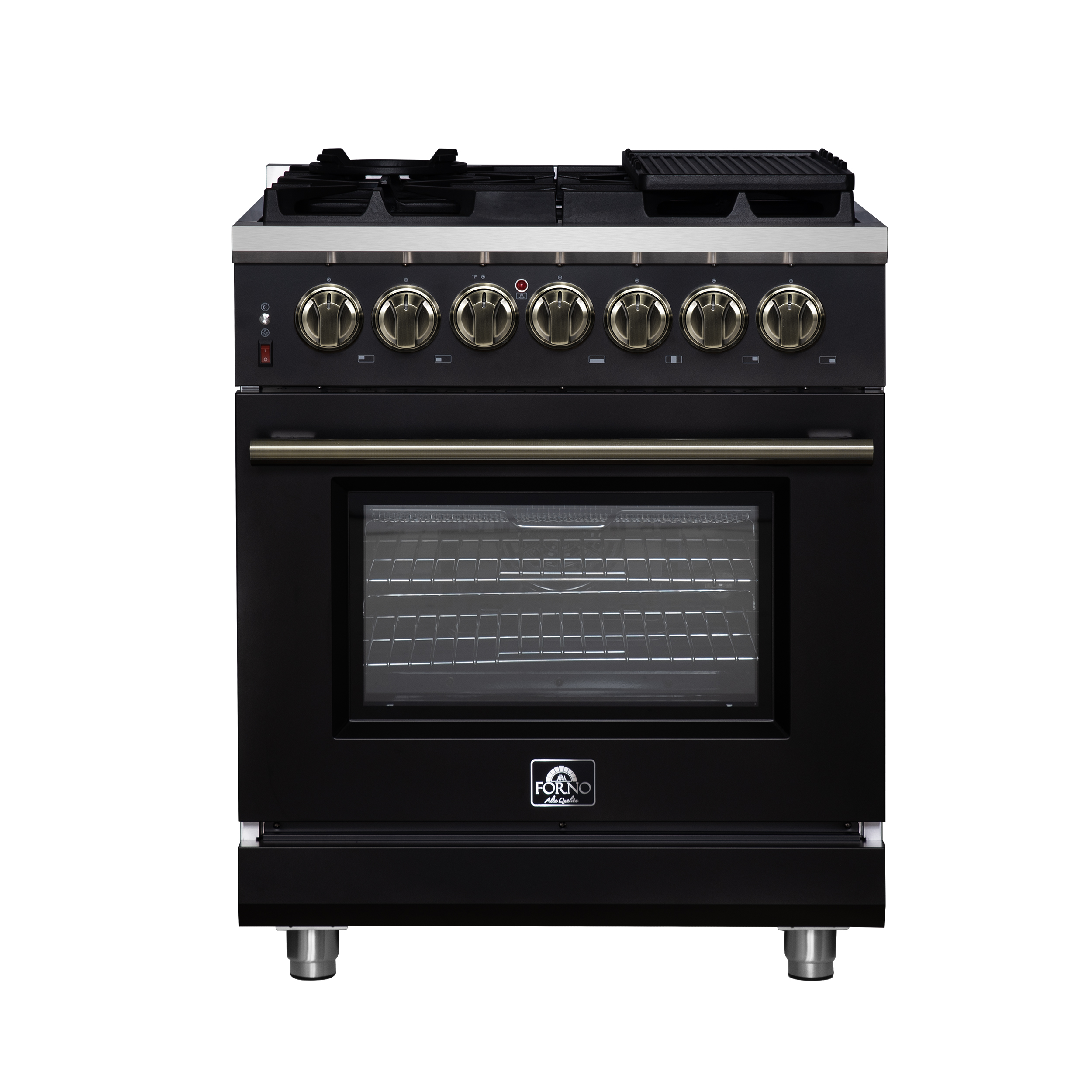 Forno Massimo 30 Inch Dual Fuel Range in Black, Air Fryer Basket, True Convection, Antique Brass Handles