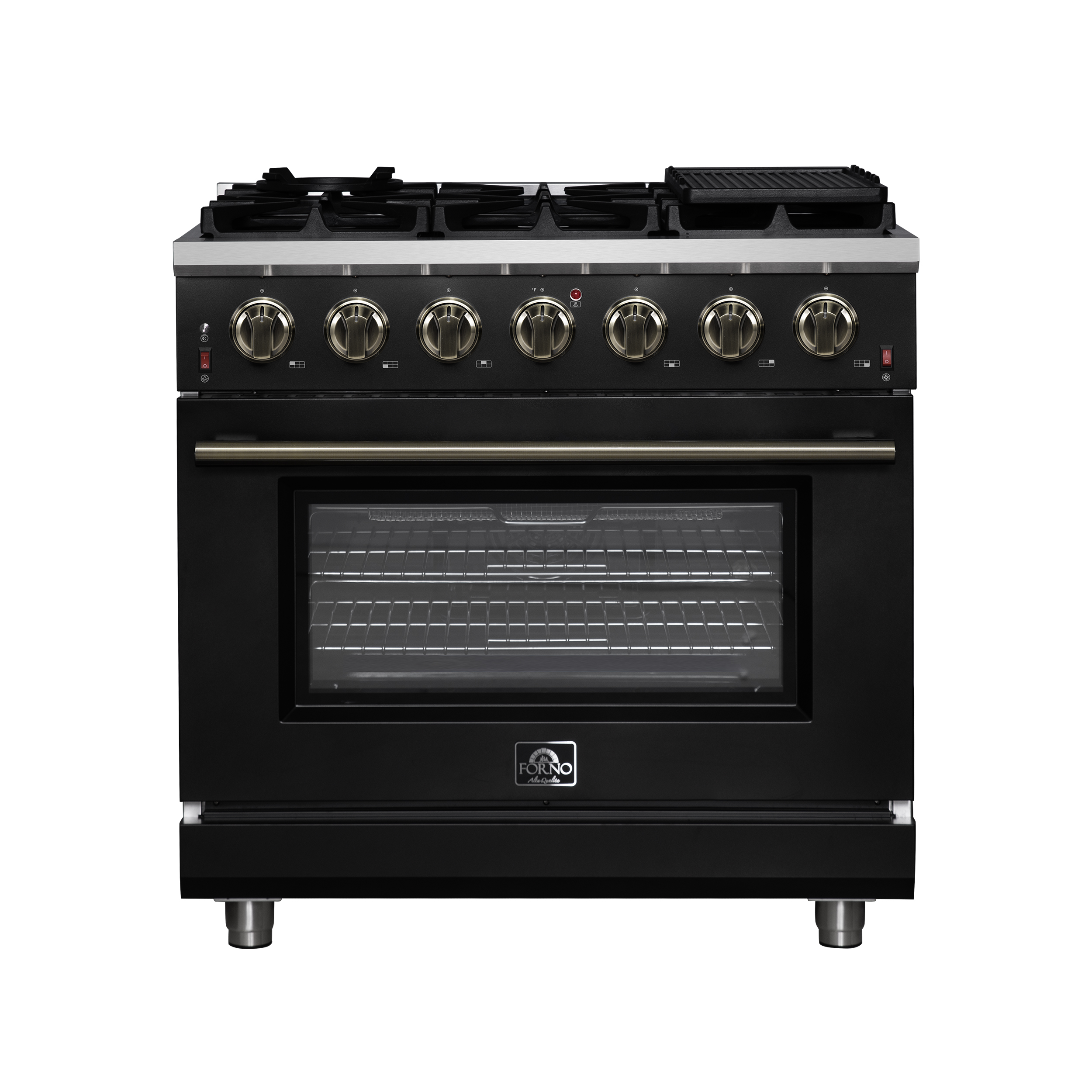 Forno Massimo 36-inch Gas Range in Black, 6 burners, 83,000 BTU, 5.36 cu. ft., Air Fryer, Griddle