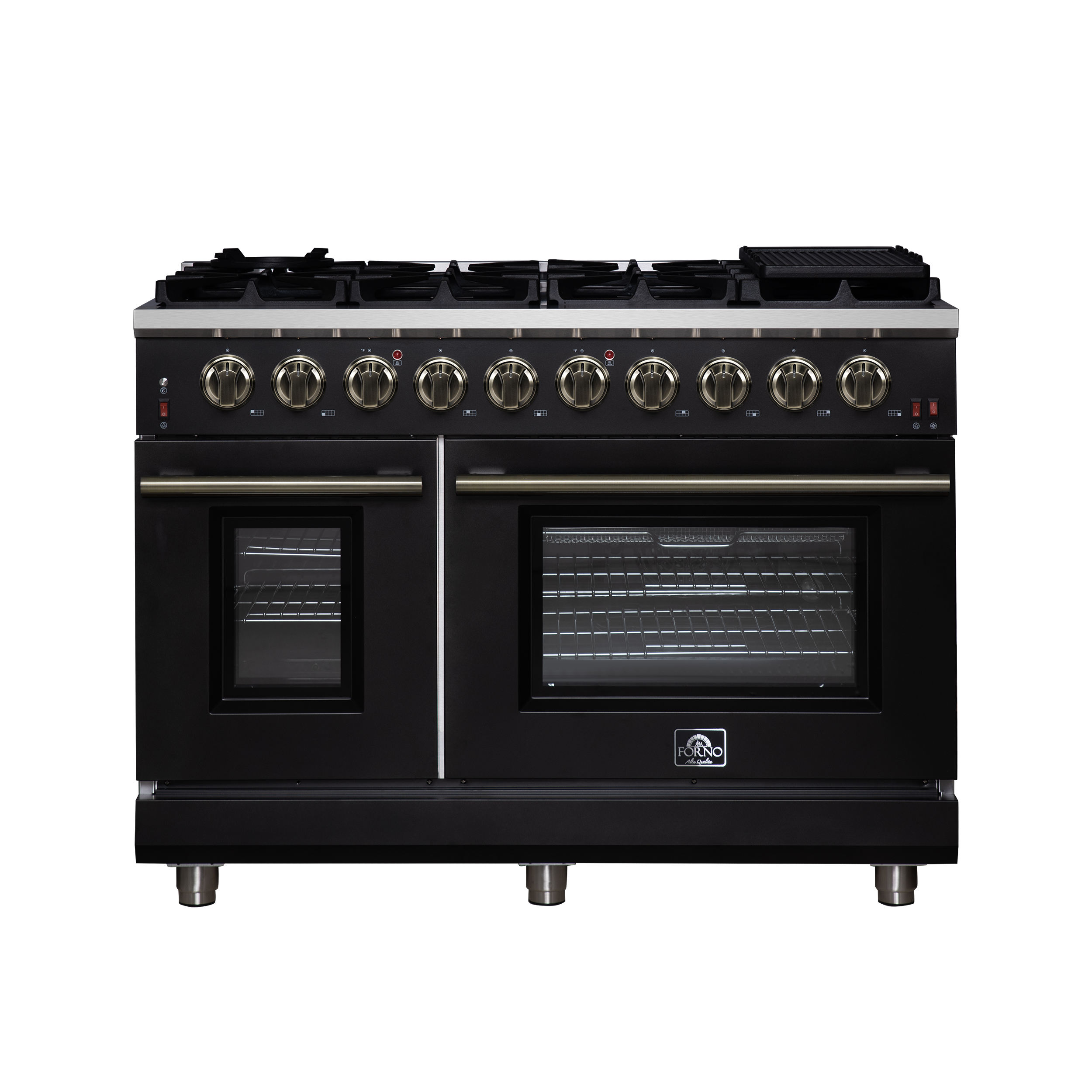 Forno Massimo 48-inch Gas Range Black, 8 burners, 107,000 BTU, 6.58 cu. ft., Air Fryer, Griddles