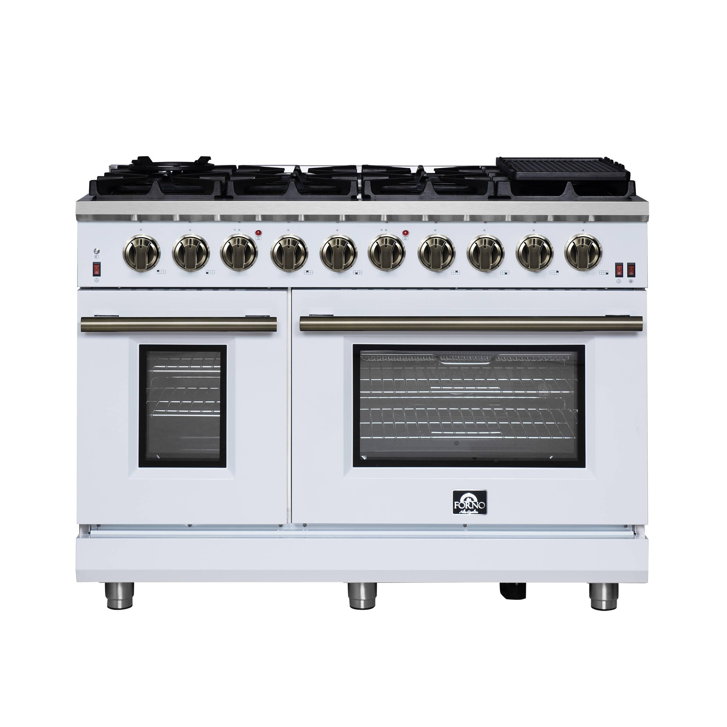 Forno Massimo 48-inch Gas Range White, 8 burners, 107,000 BTU, 6.58 cu. ft., Air Fryer, Griddles