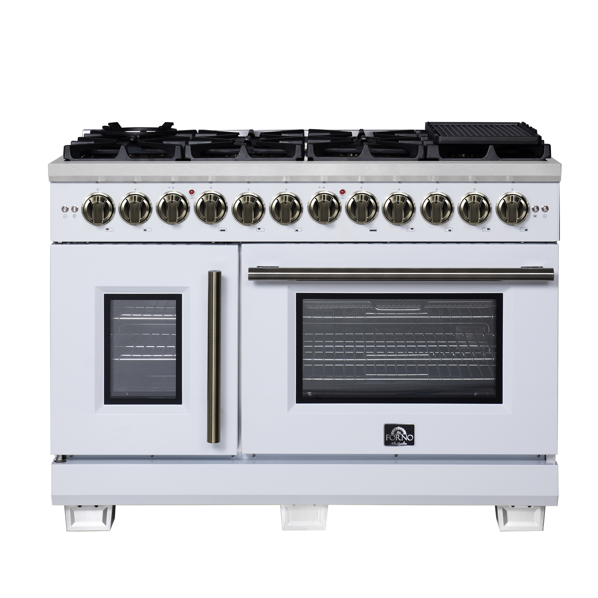 Forno Capriasca 48 Inch French Door Dual Fuel Range in White with Antique Brass Accessories