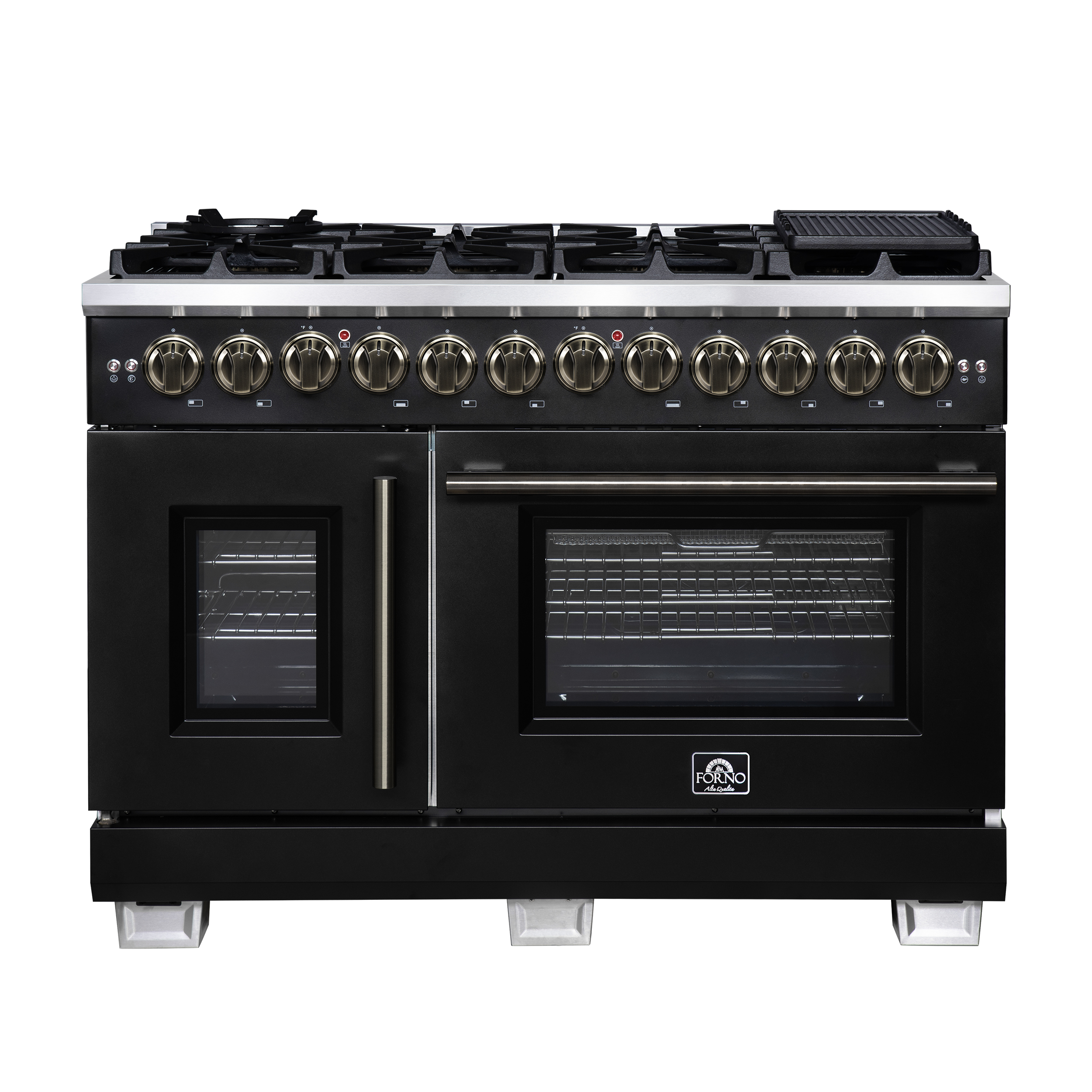 Forno Capriasca 48 Inch French Door Dual Fuel Range in Black with Antique Brass Accessories