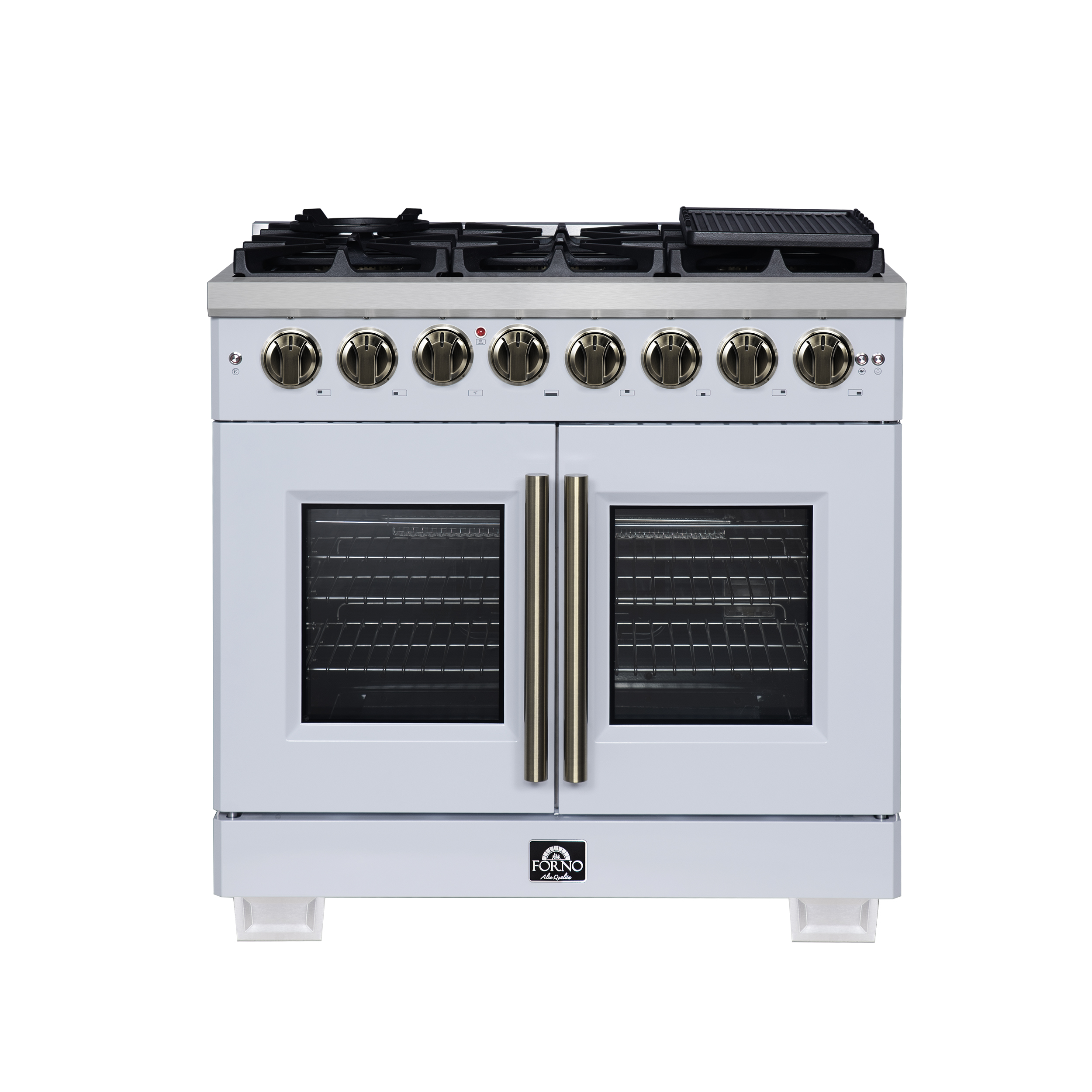 Forno Capriasca 36 Inch French Door Dual Fuel Range in White with Antique Brass Accessories