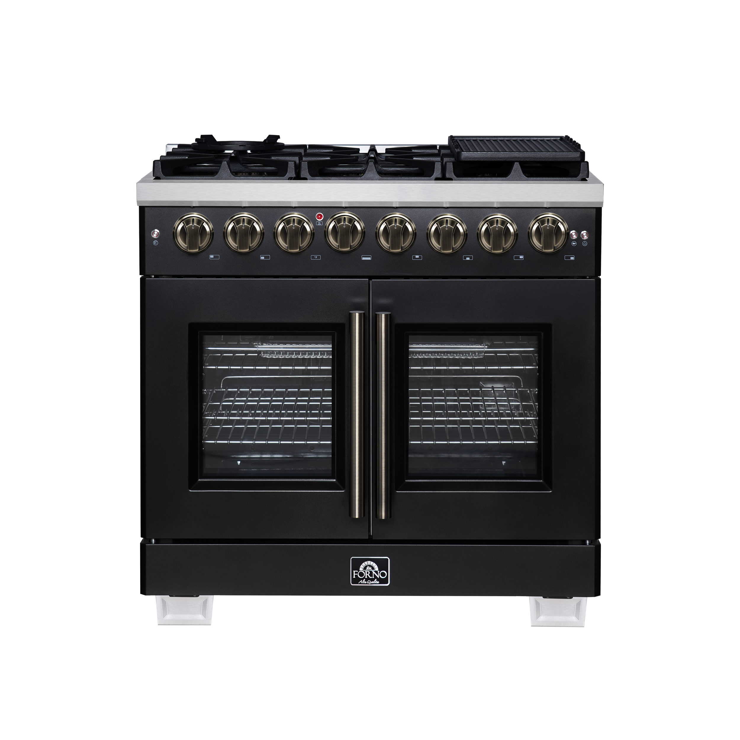 Forno Capriasca 36 Inch French Door Dual Fuel Range in Black with Antique Brass Accessories