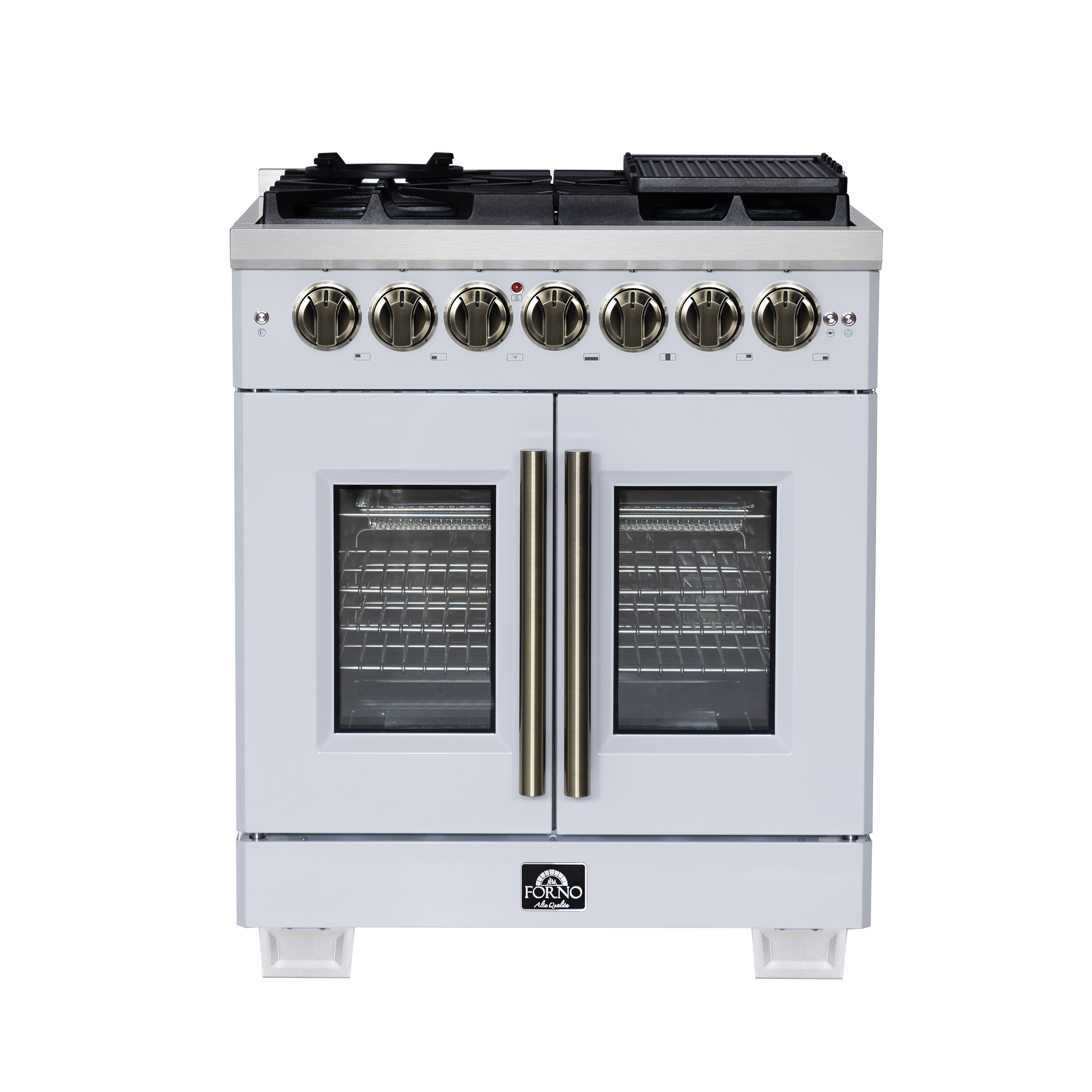 Forno Capriasca 30 Inch French Door Dual Fuel Range in White with Antique Brass Accessories