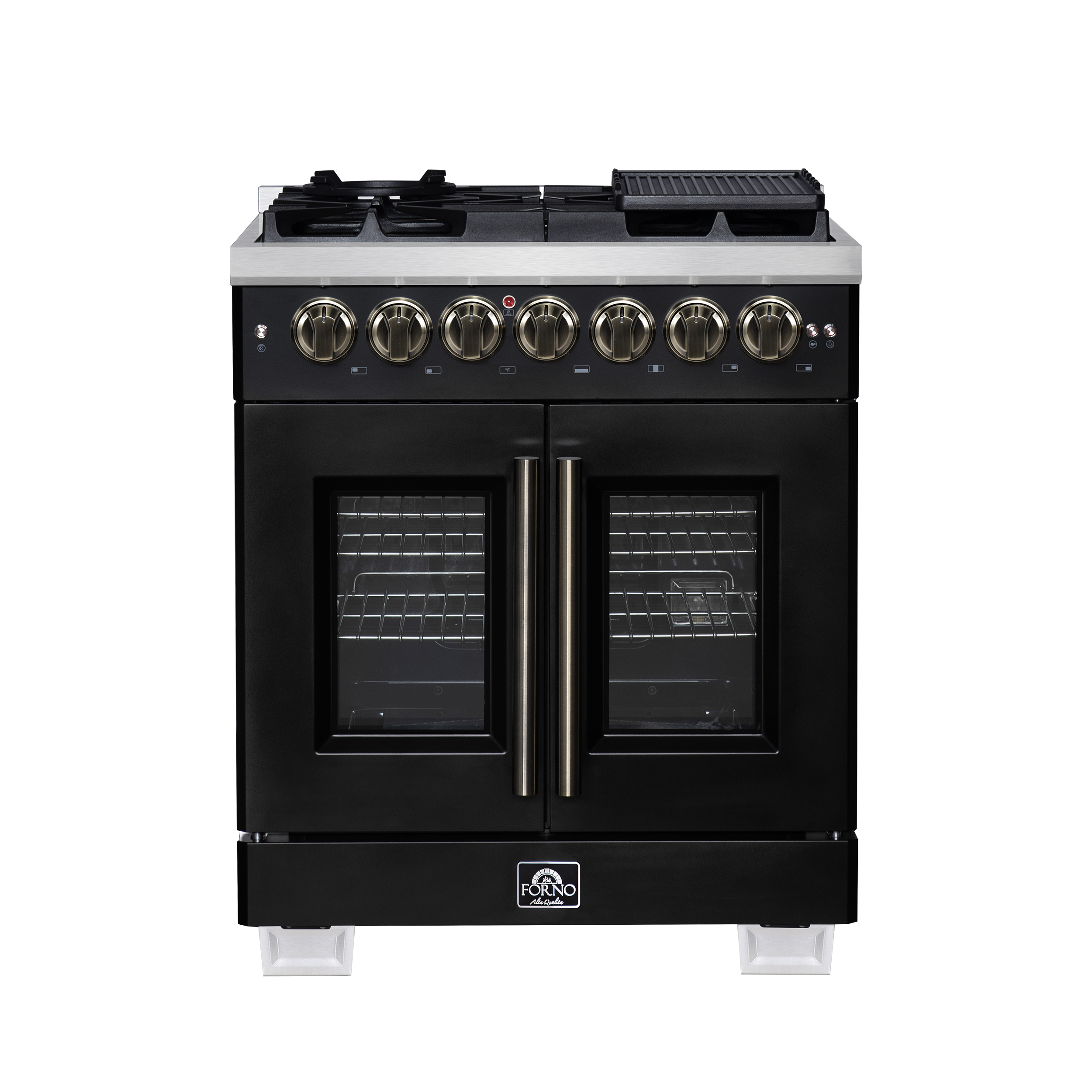 Forno Capriasca 30 Inch French Door Dual Fuel Range in Black with Antique Brass Accessories