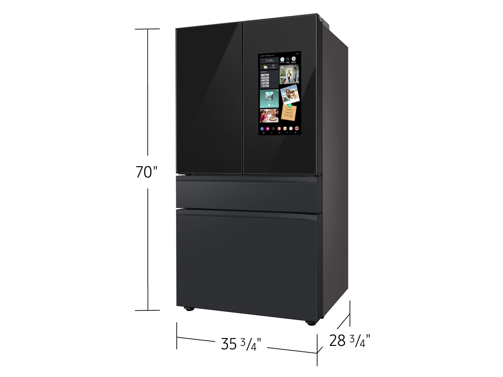 Model: RF23BB89008M | Samsung Bespoke 4-Door French Door Refrigerator (23 cu. ft.) – with Top Left and Family Hub™ Panel in Charcoal Glass - and Matte Black Steel Middle and Bottom Panels