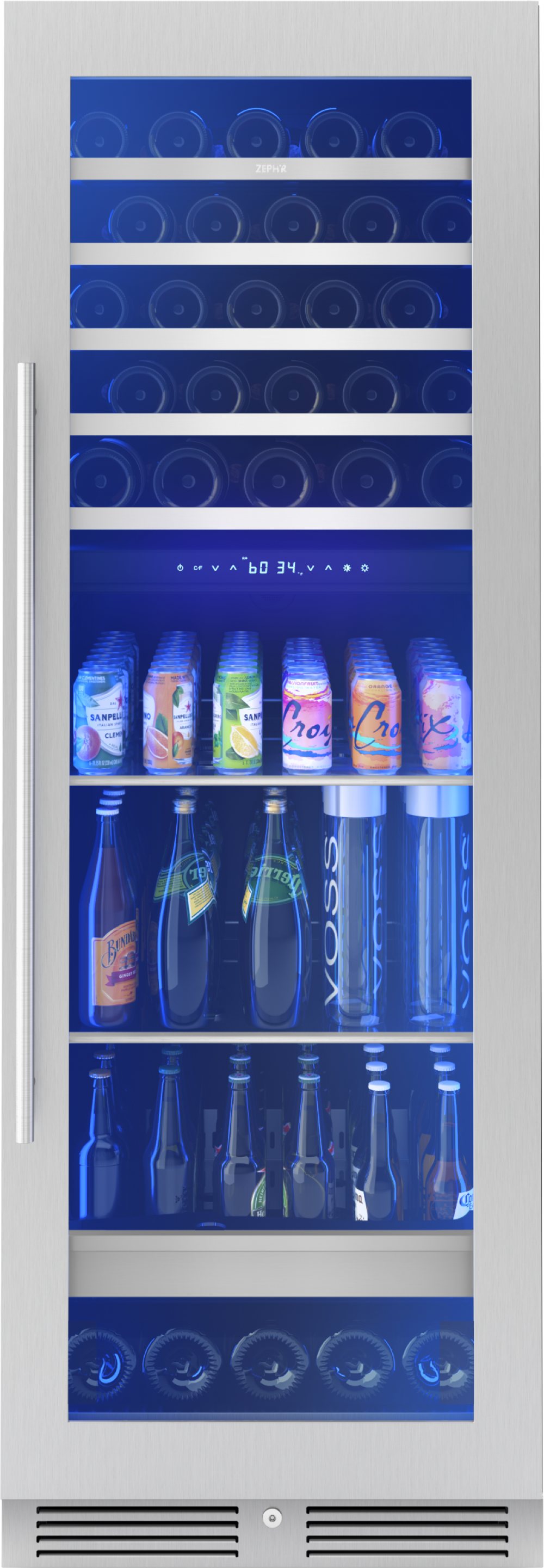 Zephyr Presrv Wine and Beverage Cooler, 24in, Full Size, SS+Glass, Reversible Door, 2 Zones