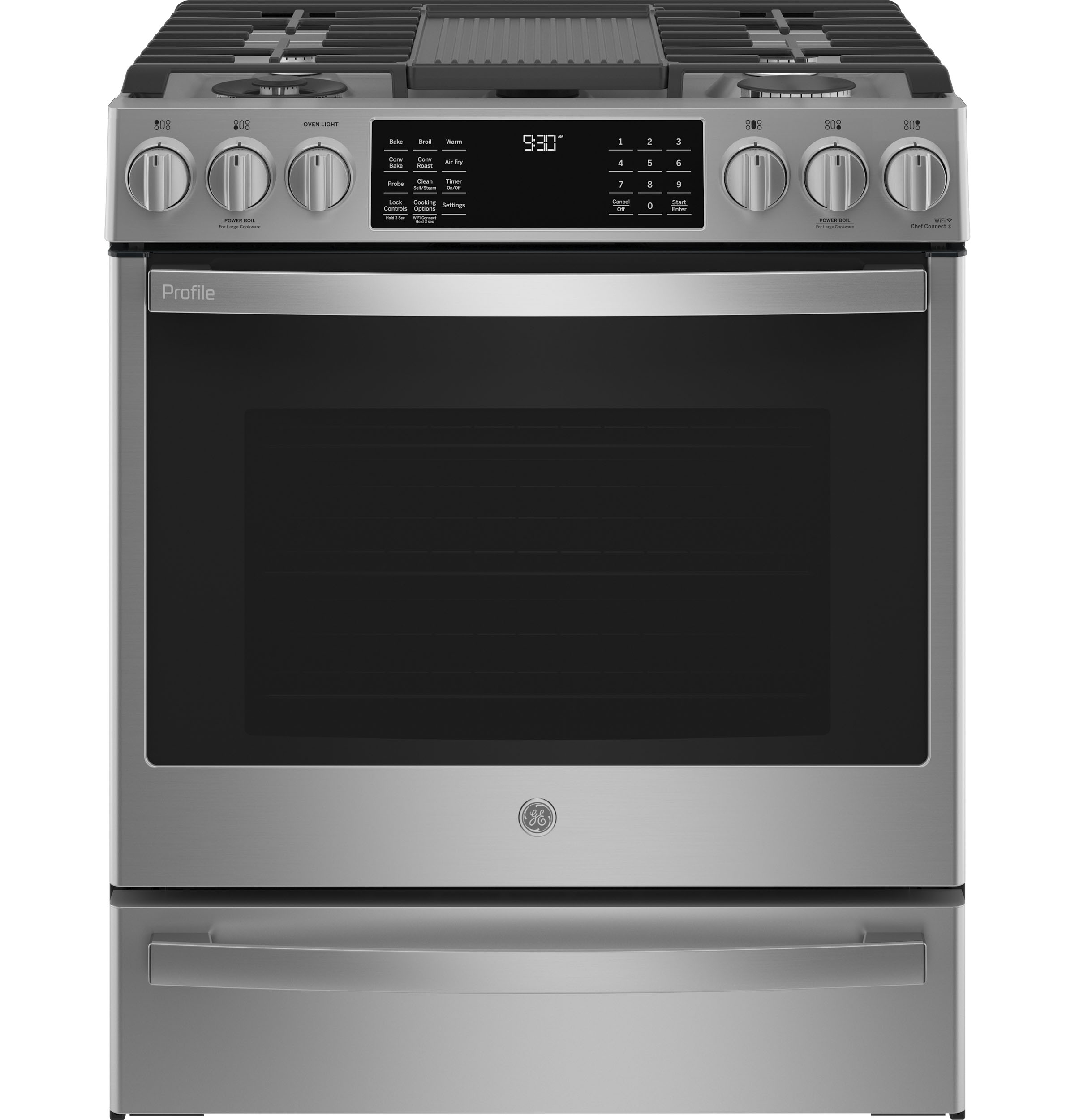 GE Profile GE Profile™ 30" Smart Slide-In Front-Control Gas Fingerprint Resistant Range with No Preheat Air Fry