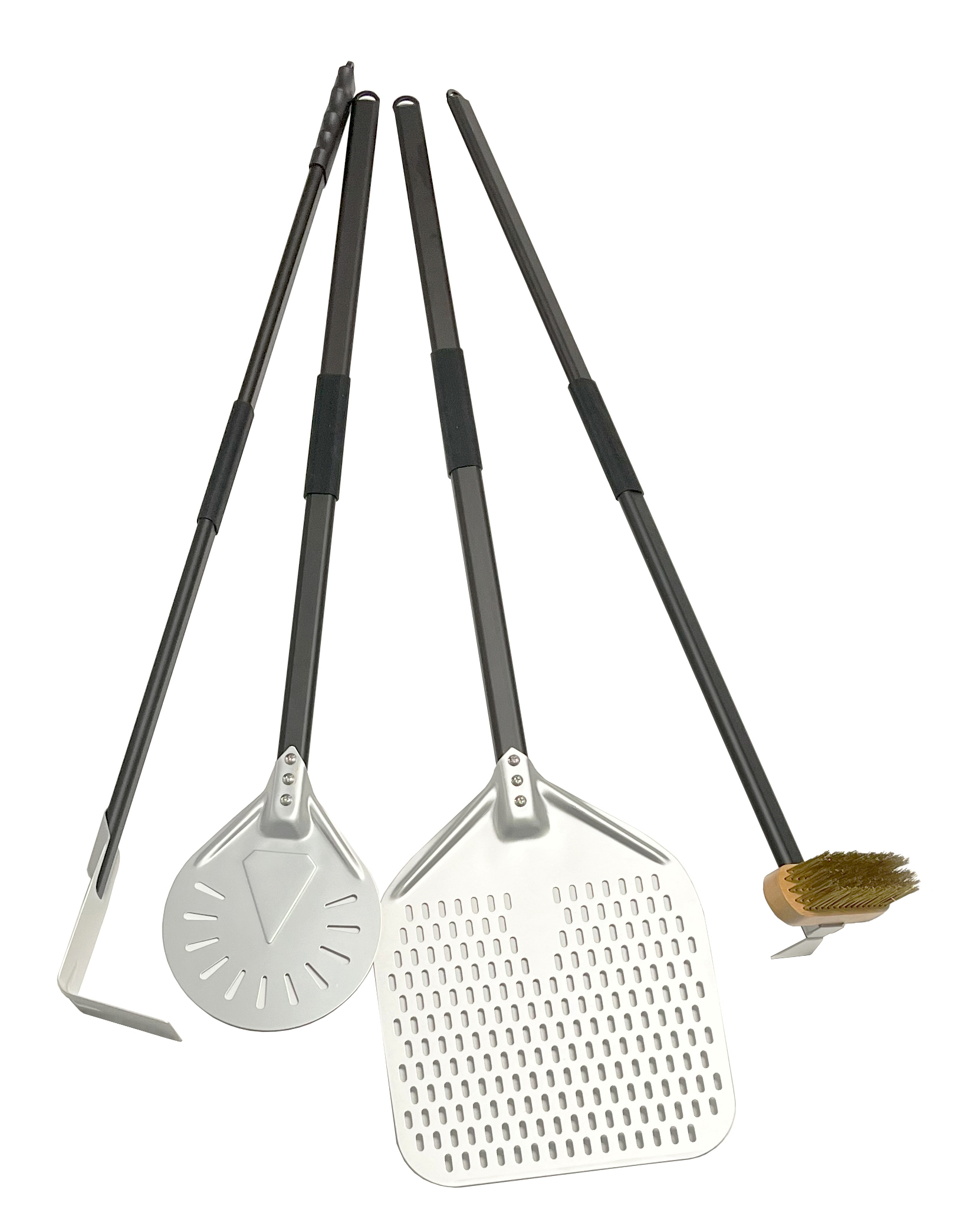 XO Appliances 4 piece Pizza Tool Set including a large pizza peel, small round pizza peel scraper and brush