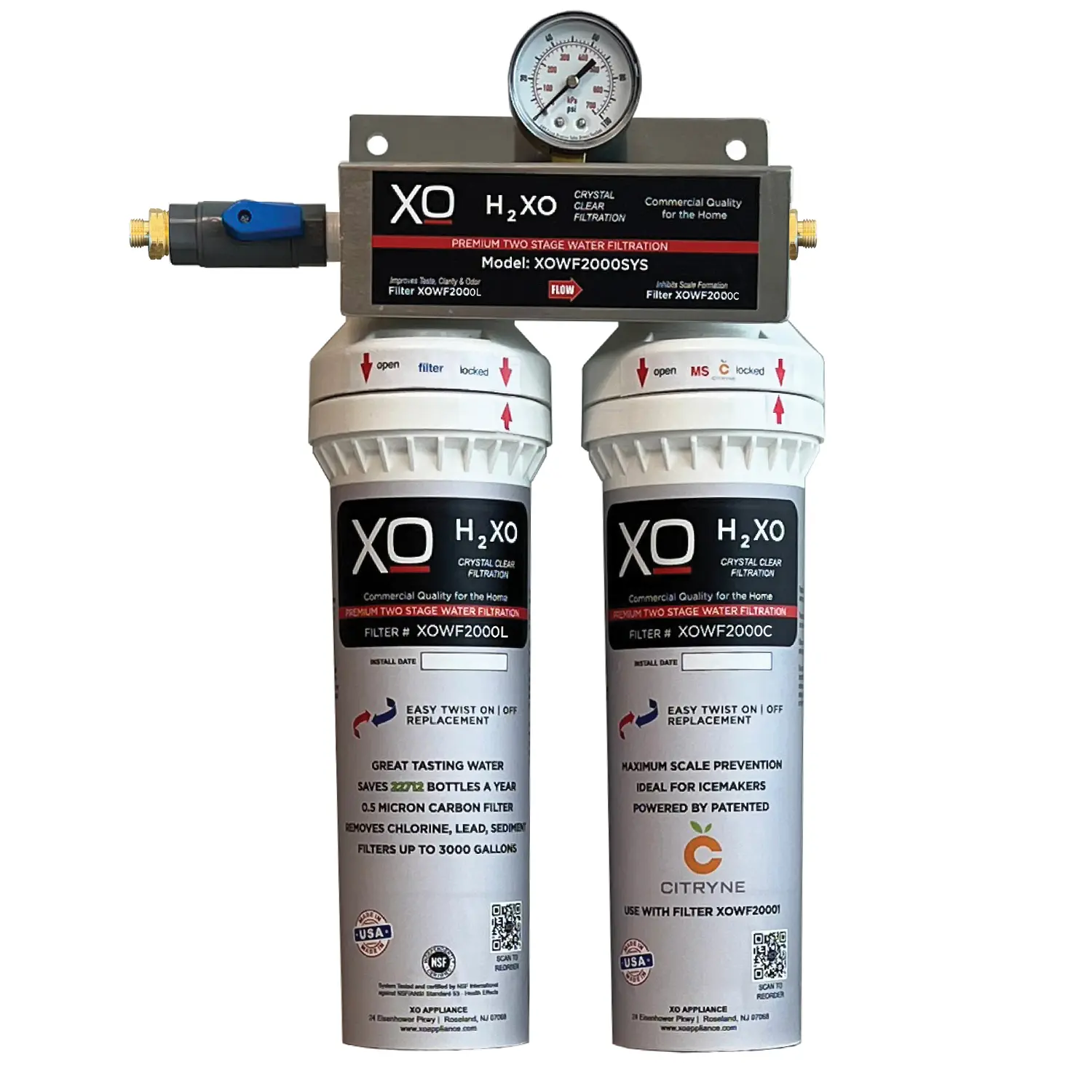 XO Appliances The two-stage water filtration system is designed to provide great-tasting water and ice, reducing lead by up to 99% and inhibiting scale buildup in difficult water installations. For use in-line with kitchen appliances like water dispenser, ice maker, and sinks.