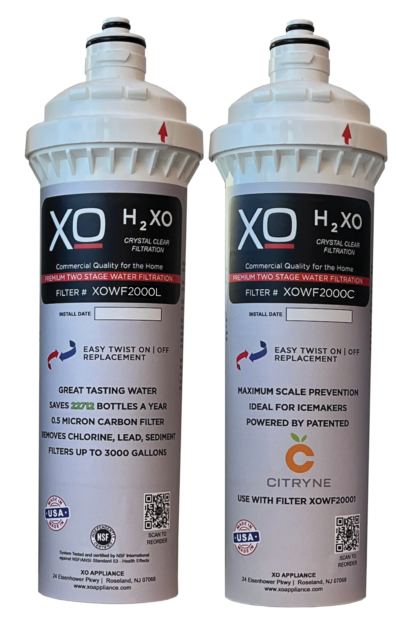 XO Appliances Replacement cartridges designed for the Two Stage In-Line Drinking Water Filtration System, reducing lead by up to 99% and inhibiting scale for challenging water conditions. For use in-line with kitchen appliances like water dispenser, ice maker, and sinks.