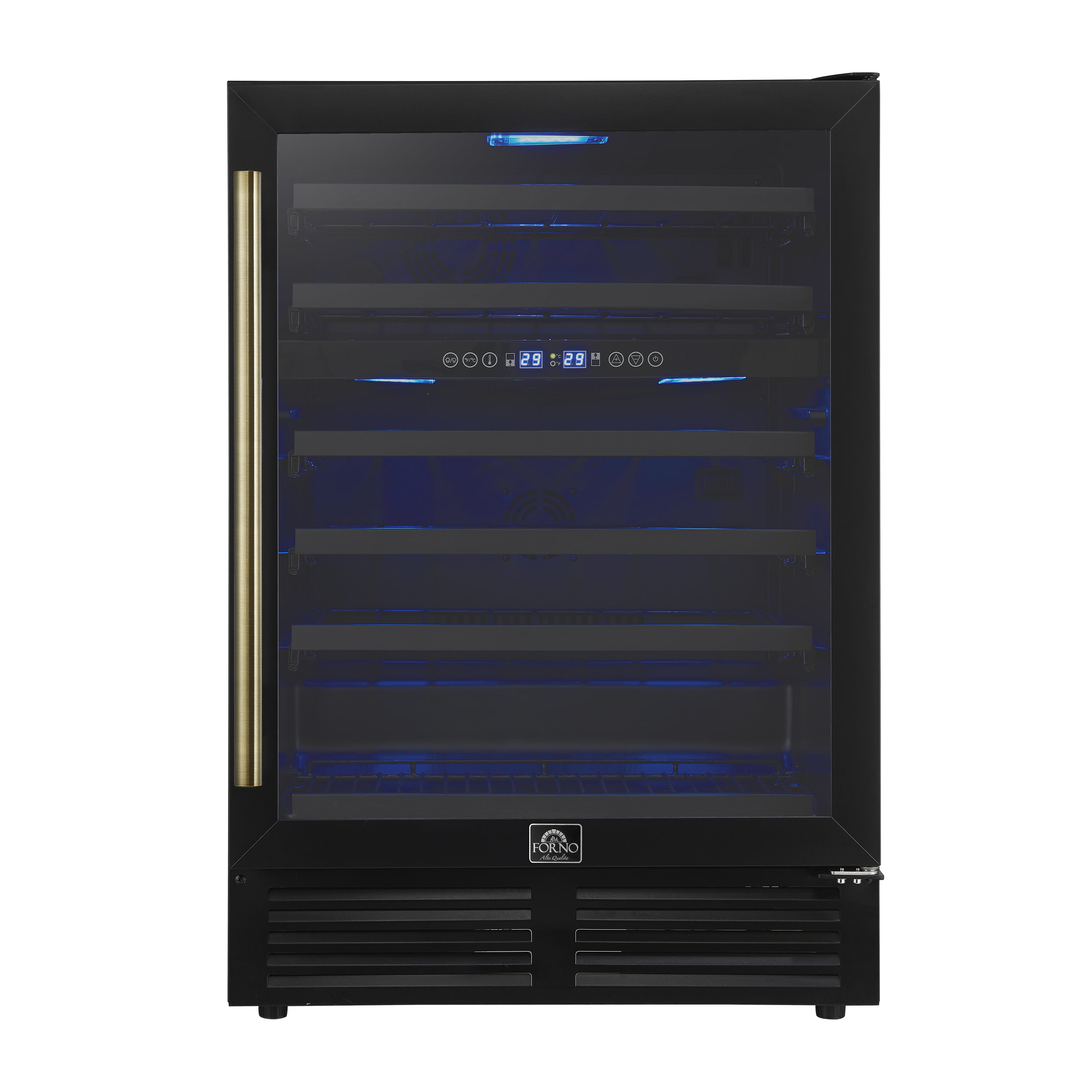 Forno Forno Bacchino 24 Inch Wine Cooler in Black, Antique Brass Handles, Triple Glass Door, 51 Bottles