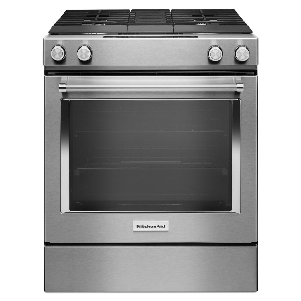 KitchenAid 30-Inch 4-Burner Dual Fuel Downdraft Slide-In Range