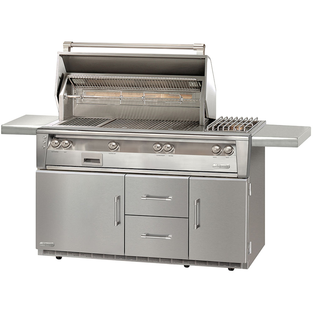 Alfresco 56-In. Liquid Propane Grill with Side Burner on Refrigerated Cart