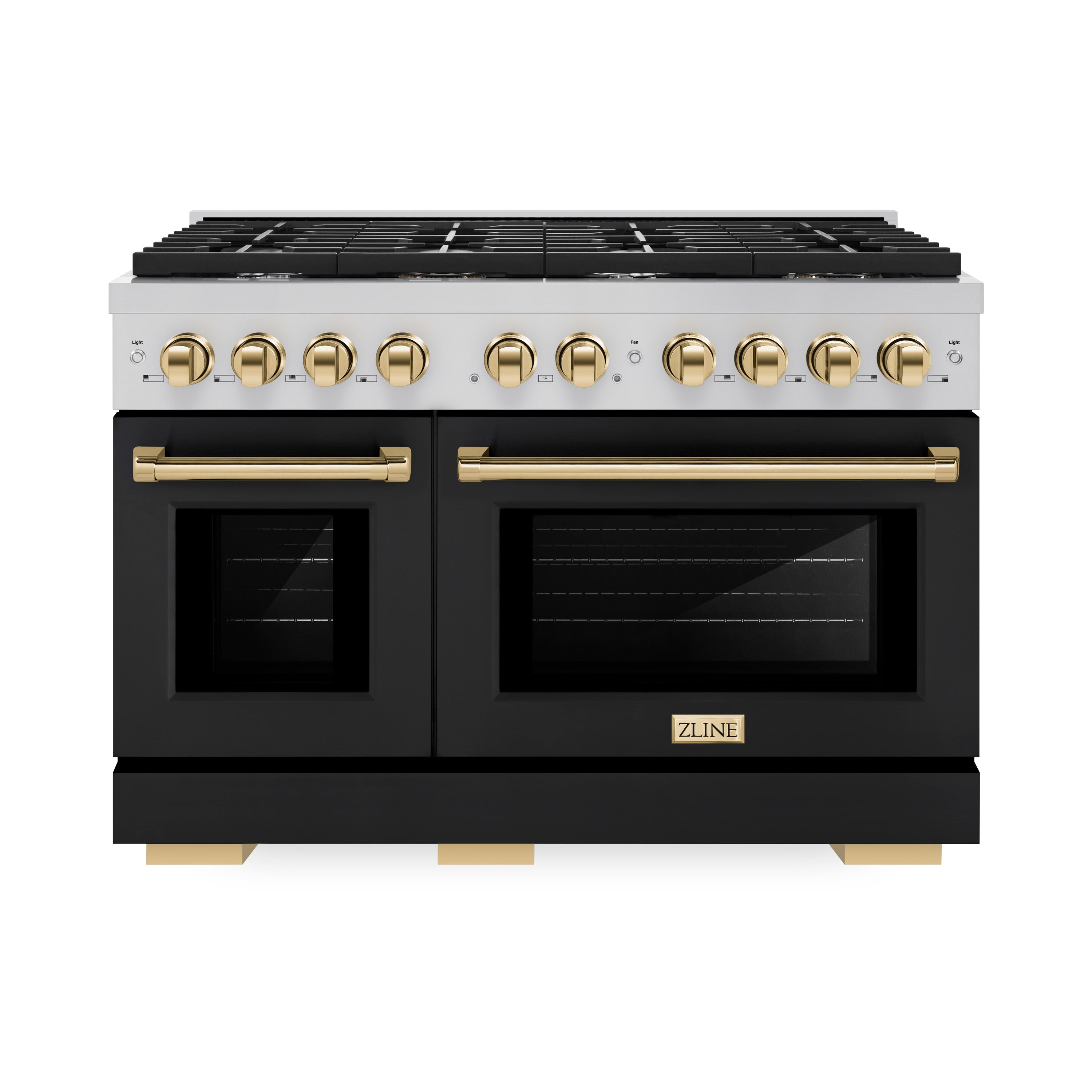 ZLINE ZLINE Autograph Edition 48 in. 6.7 cu. ft. Paramount Double Oven Dual Fuel Range with 8 Burner Gas Cooktop in Stainless Steel with Black Matte Doors and Polished Gold Accents (SDRZ-BLM-48-G)