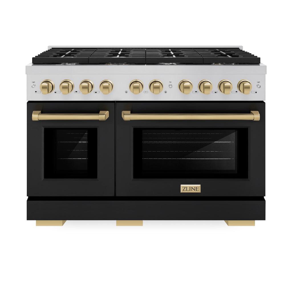 ZLINE ZLINE Autograph Edition 48 in. 6.7 cu. ft. Paramount Double Oven Gas Range with 8 Burner Cooktop in Stainless Steel with Black Matte Doors and Champagne Bronze Accents (SGRZ-BLM-48-CB)