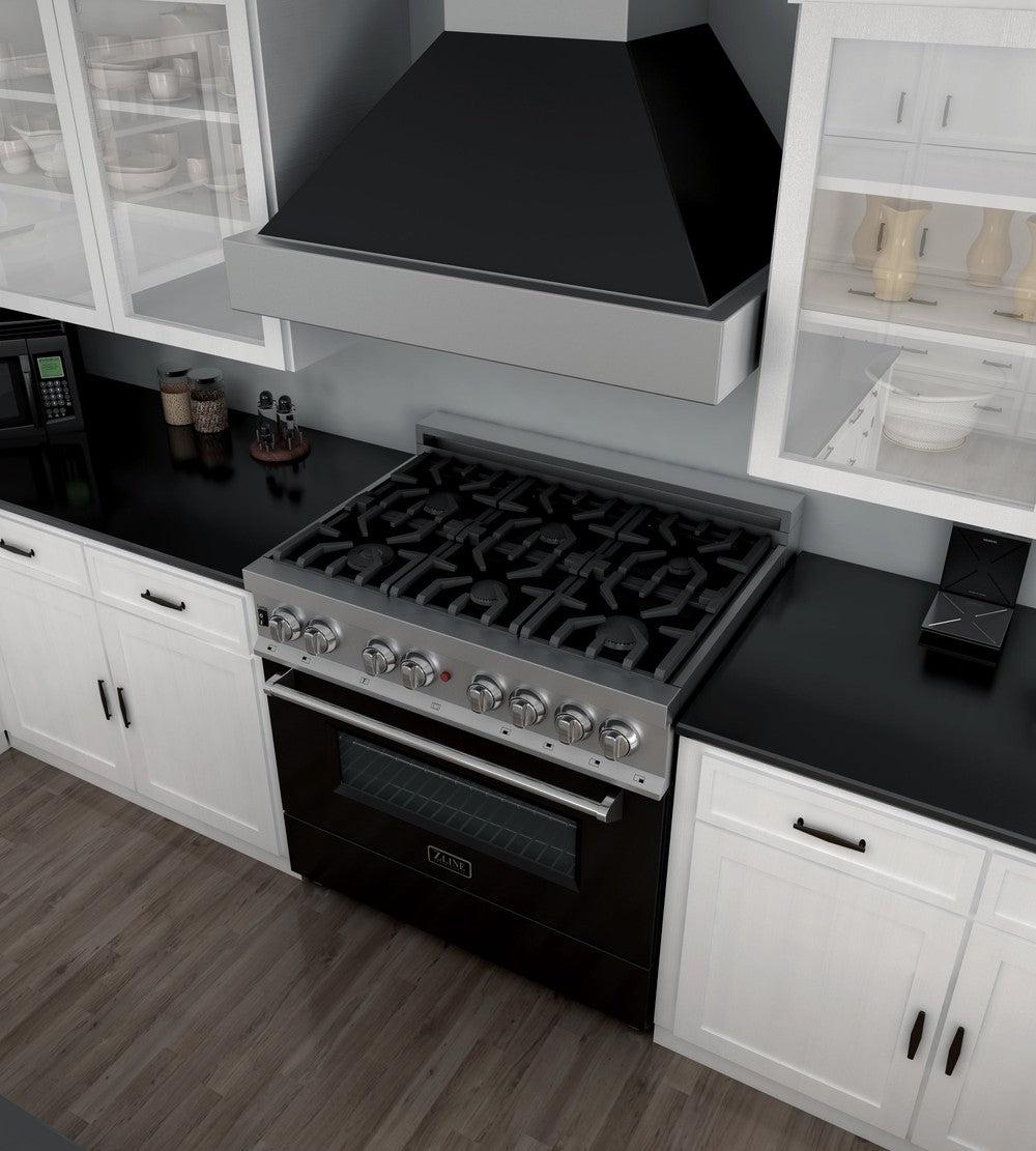 Model: RAS-BLM-36 | ZLINE ZLINE 36" 4.6 cu. ft. Dual Fuel Range with Gas Stove and Electric Oven in Fingerprint Resistant Stainless Steel and Black Matte Door (RAS-BLM-36)