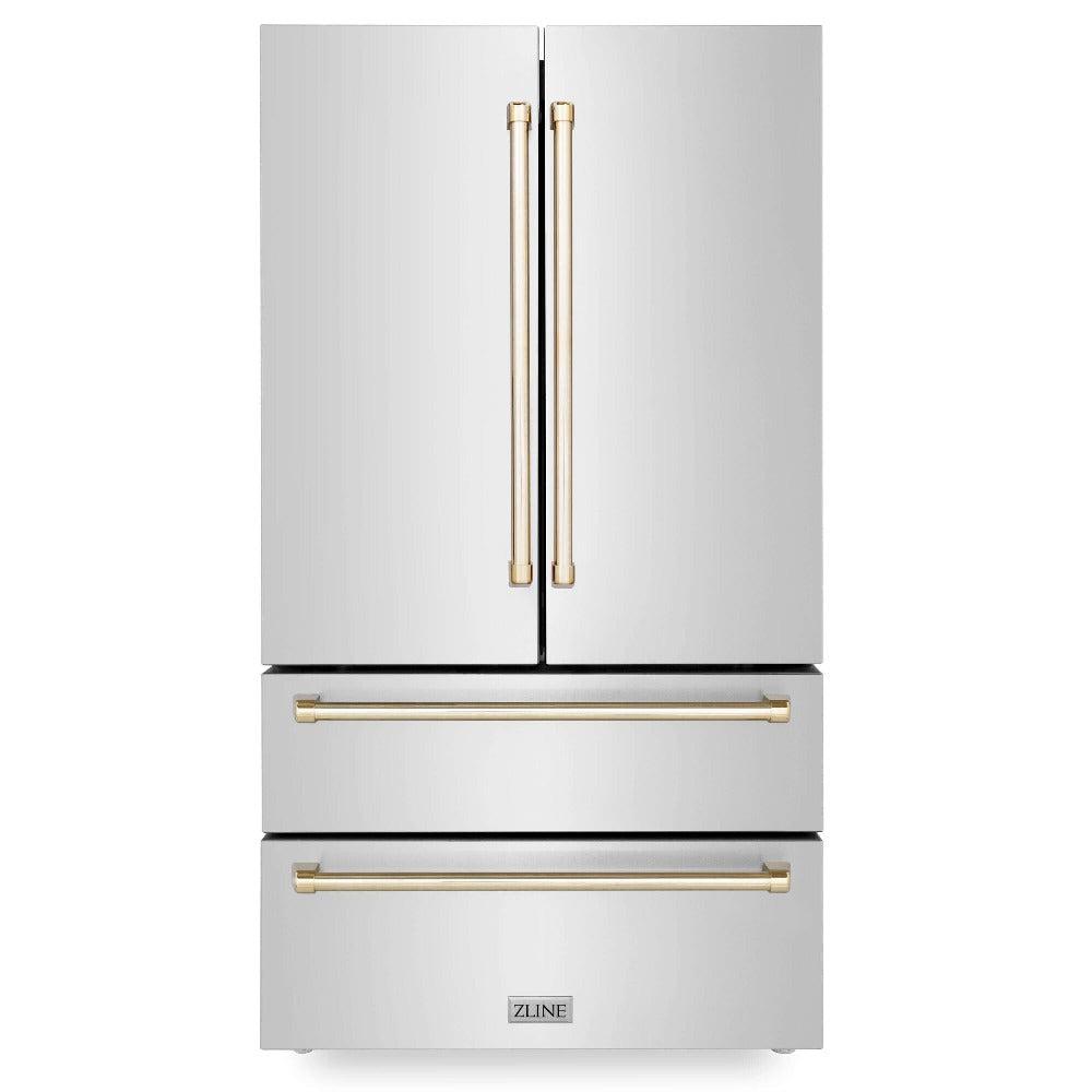 ZLINE ZLINE Autograph Edition 36 in. 22.5 cu. ft. Counter-Depth French Door Refrigerator with Ice Maker in Fingerprint-Resistant Stainless Steel with Polished Gold Traditional Handles (RFMZ-36-G)