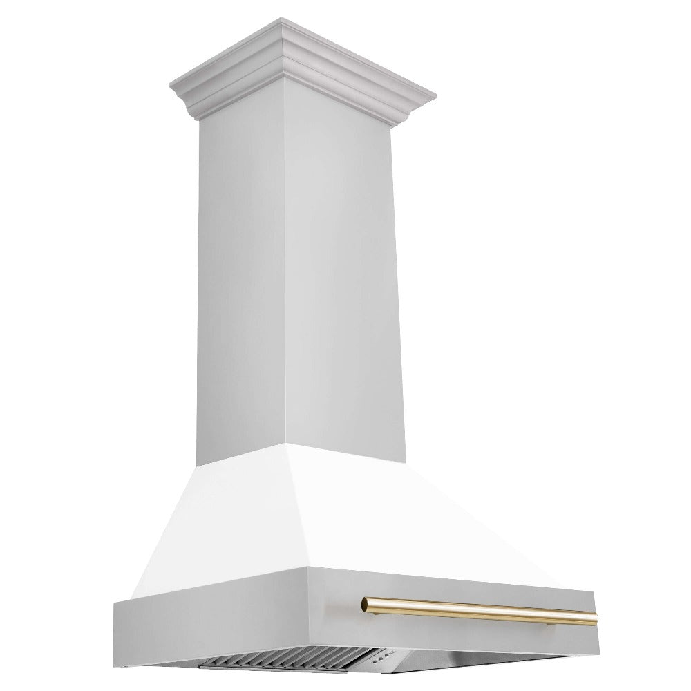 ZLINE 30" ZLINE Autograph Edition Stainless Steel Range Hood with White Matte Shell and Champagne Bronze Handle