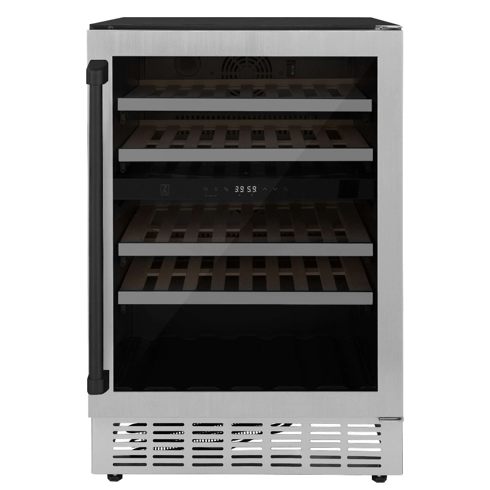 ZLINE ZLINE 24" Autograph Edition Dual Zone 44-Bottle Wine Cooler in Stainless Steel with Wood Shelf and Matte Black Accents (RWVZ-UD-24-MB)